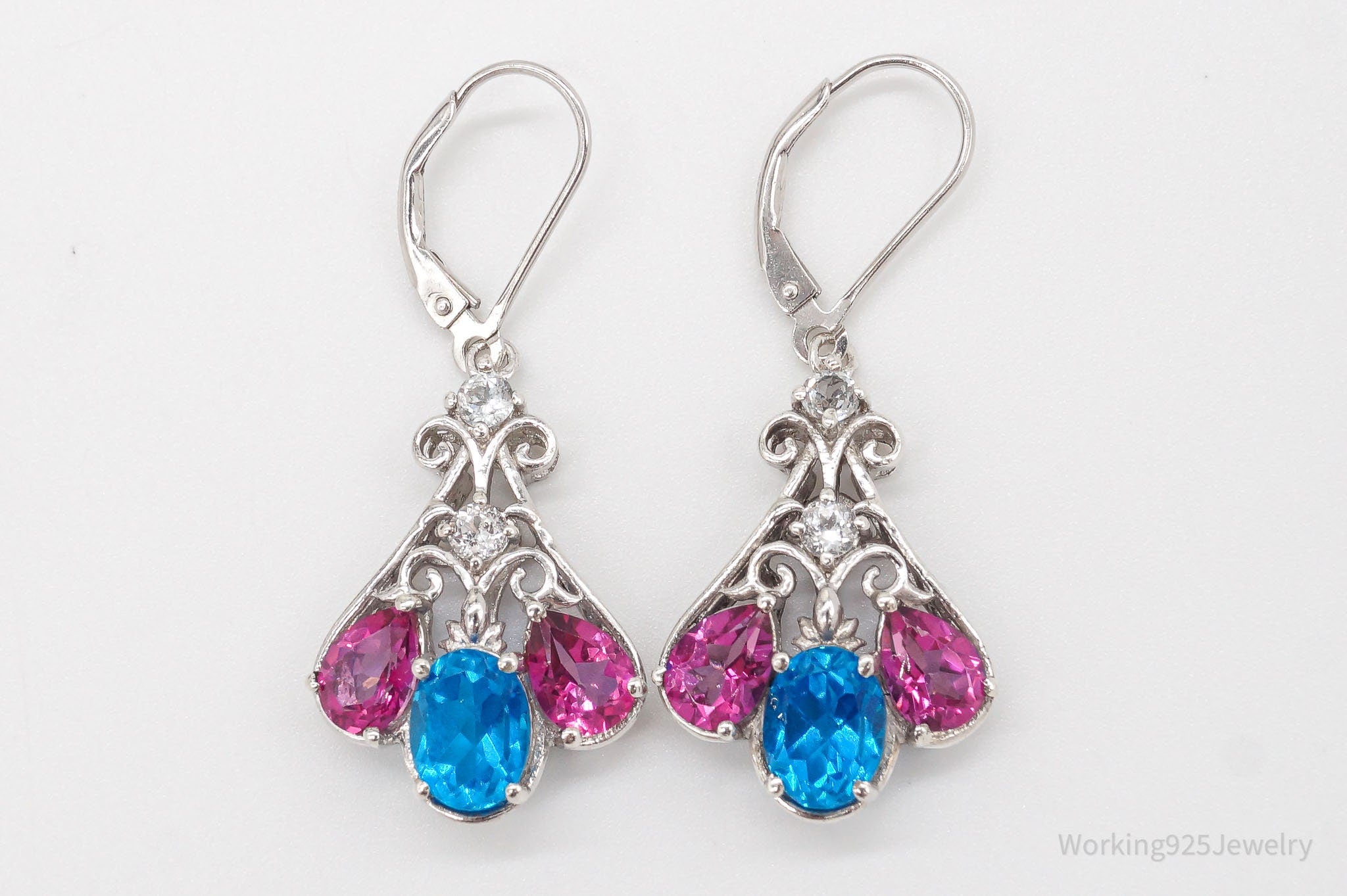 Vintage Blue Pink & White Topaz Sterling Silver Earrings