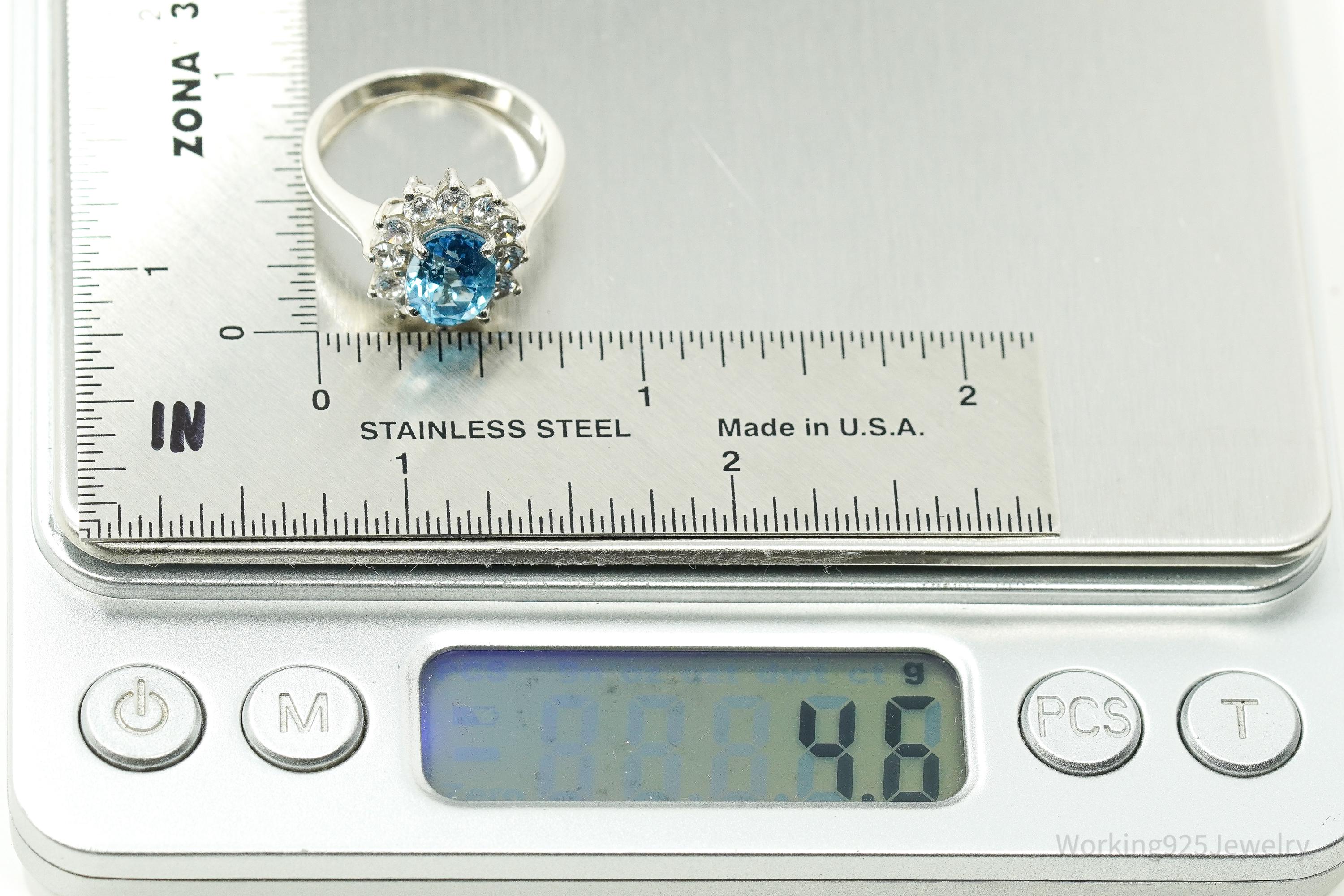 Vintage Blue Topaz & Cubic Zirconia Sterling Silver Ring - Size 7.75