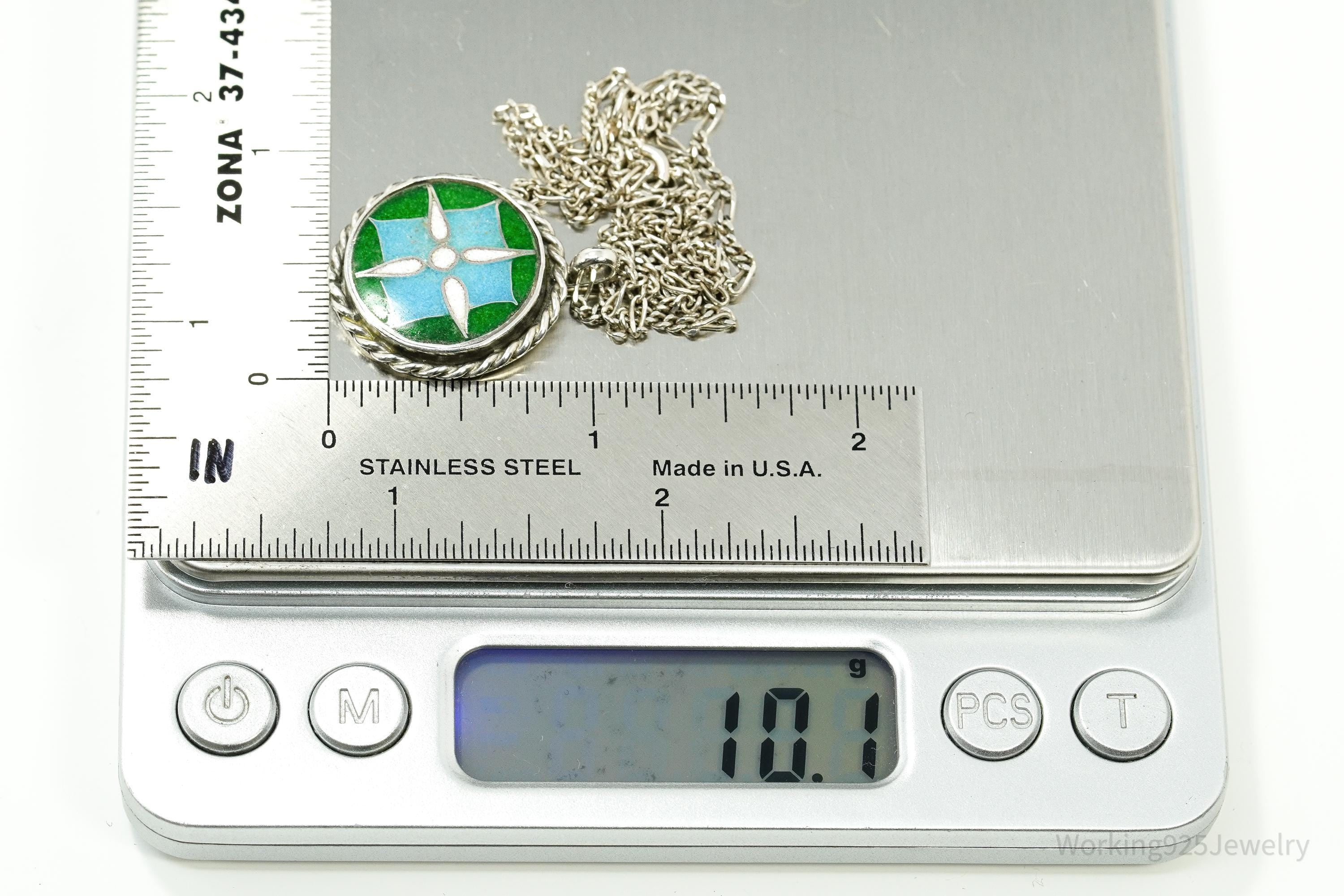 Vintage Green, Blue & White Enamel Inlay Sterling Silver Necklace 18"