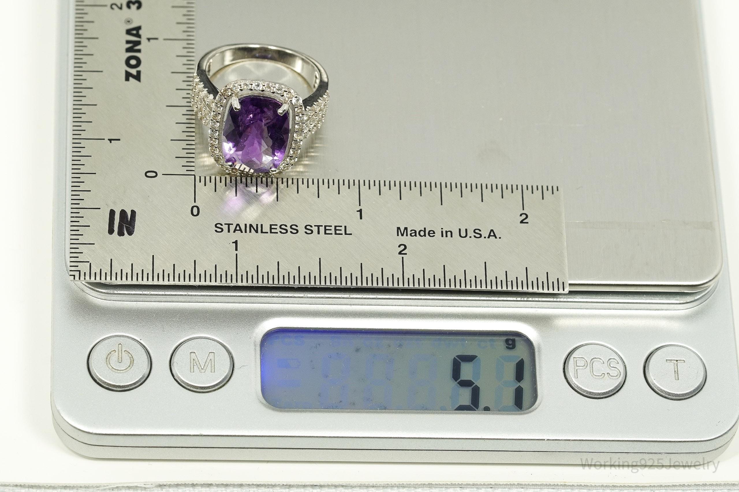 Vintage Amethyst & White Topaz Sterling Silver Ring - Size 7
