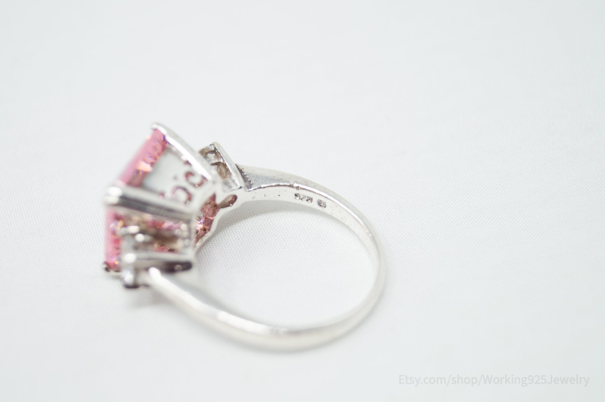Vintage Art Deco Style Pink Topaz CZ Statement Ring Sterling Silver - Size 7.5