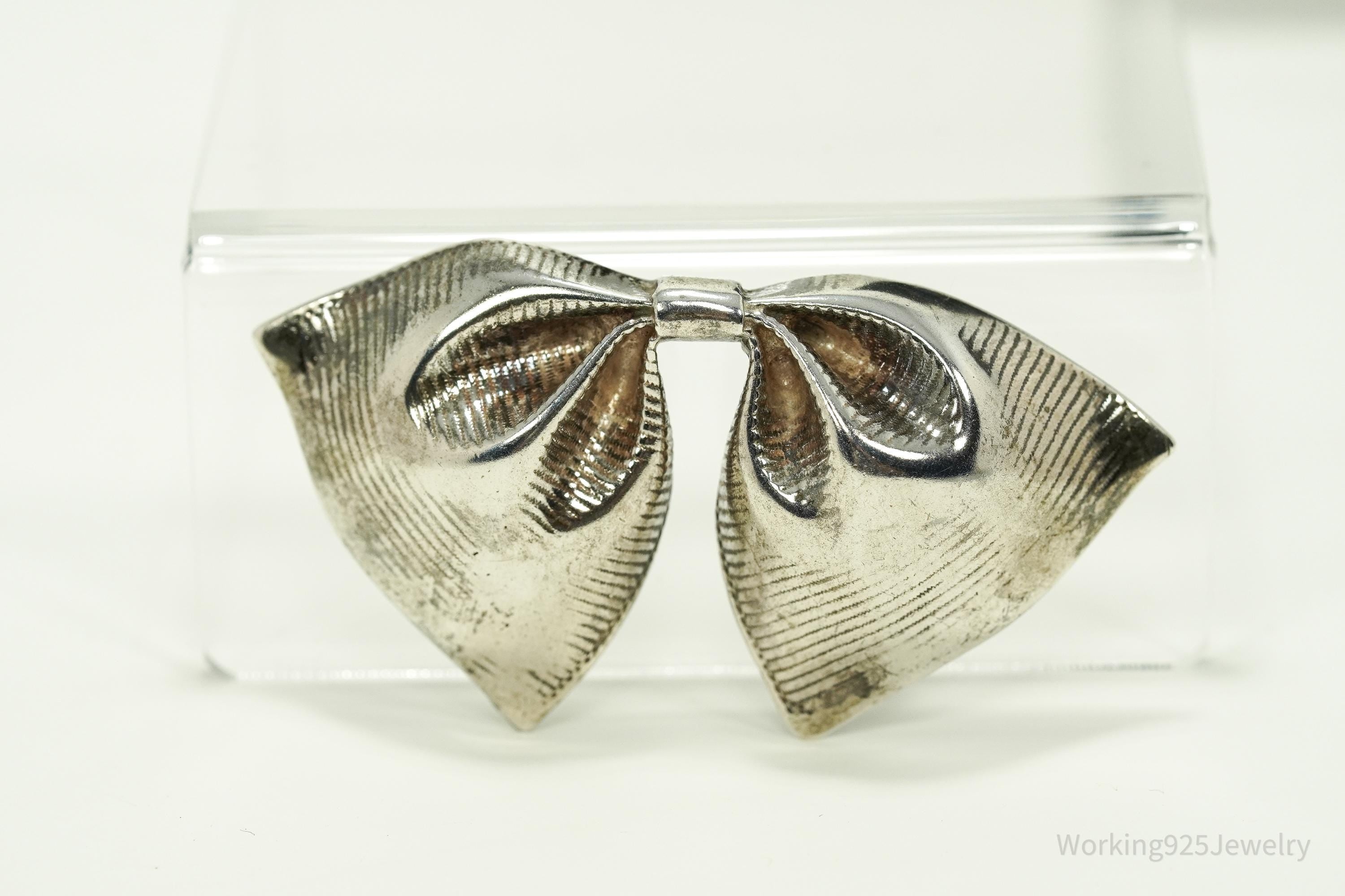 Antique Large Bow Tie Sterling Silver Brooch Pin