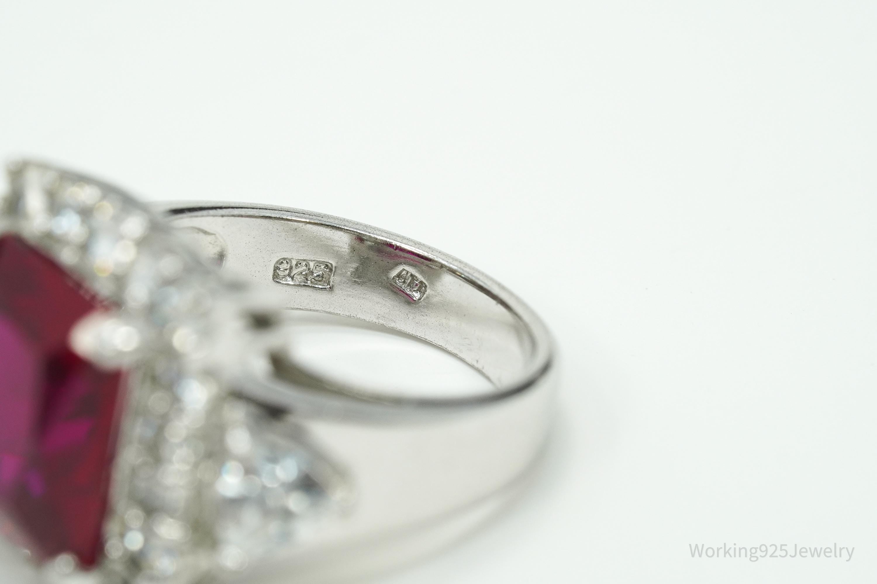 Vintage Lab Ruby & Cubic Zirconia Sterling Silver Ring - Size 6