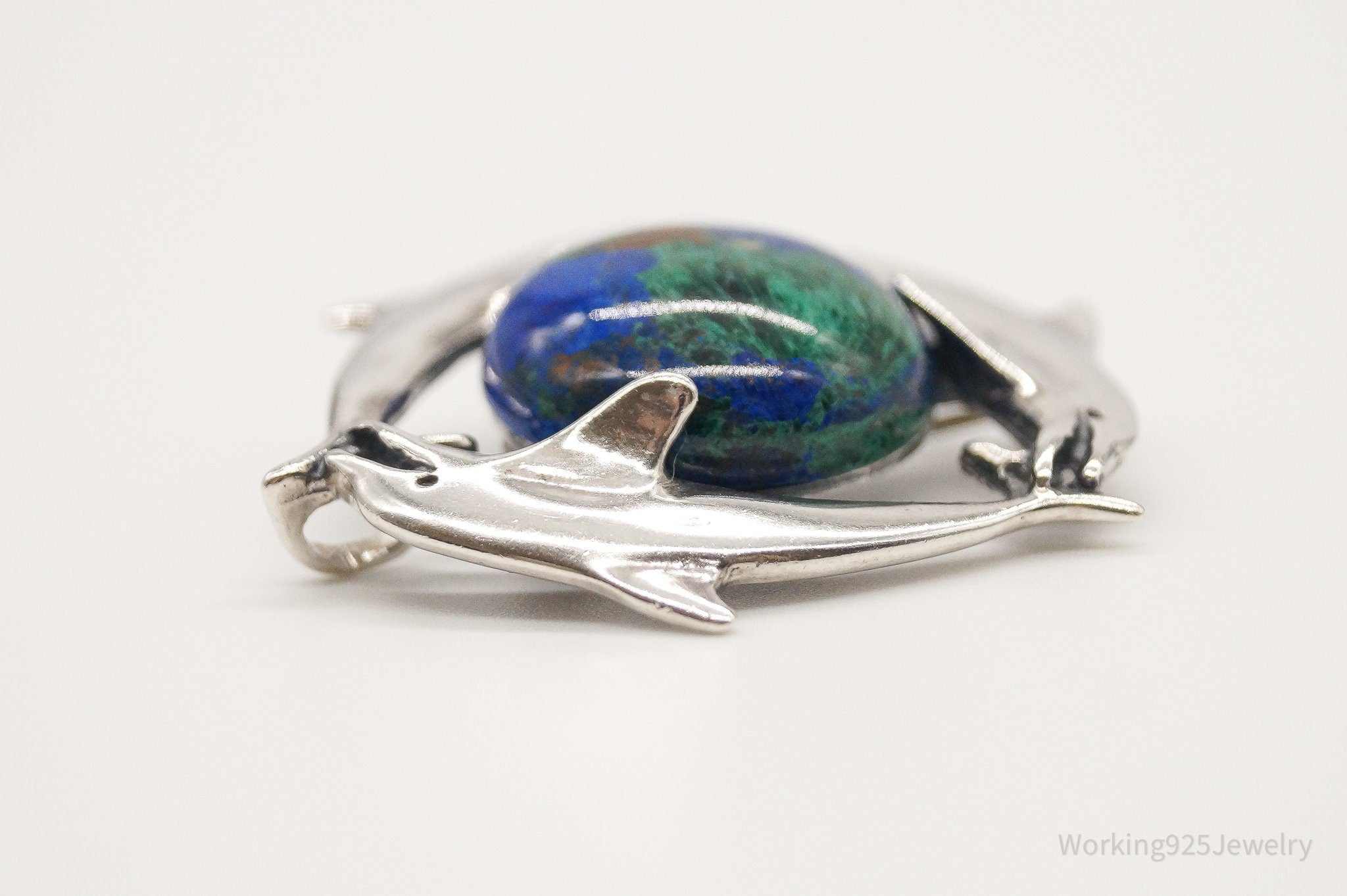 Vintage Large Azurite-Malachite Dolphins World Peace Sterling Silver Brooch