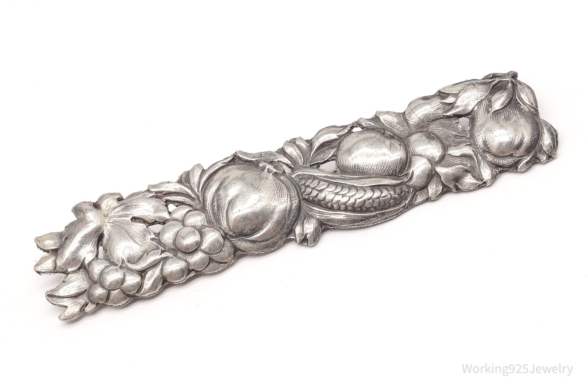 Large Rare Antique Vegetable Harvest Sterling Silver Repousse Brooch Pin