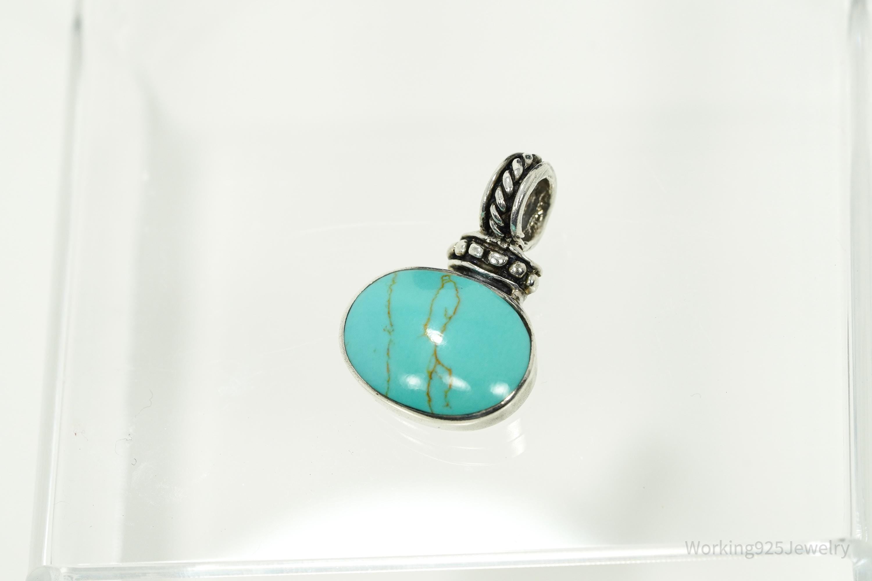 Vintage Blue Turquoise Sterling Silver Pendant 1 1/8"