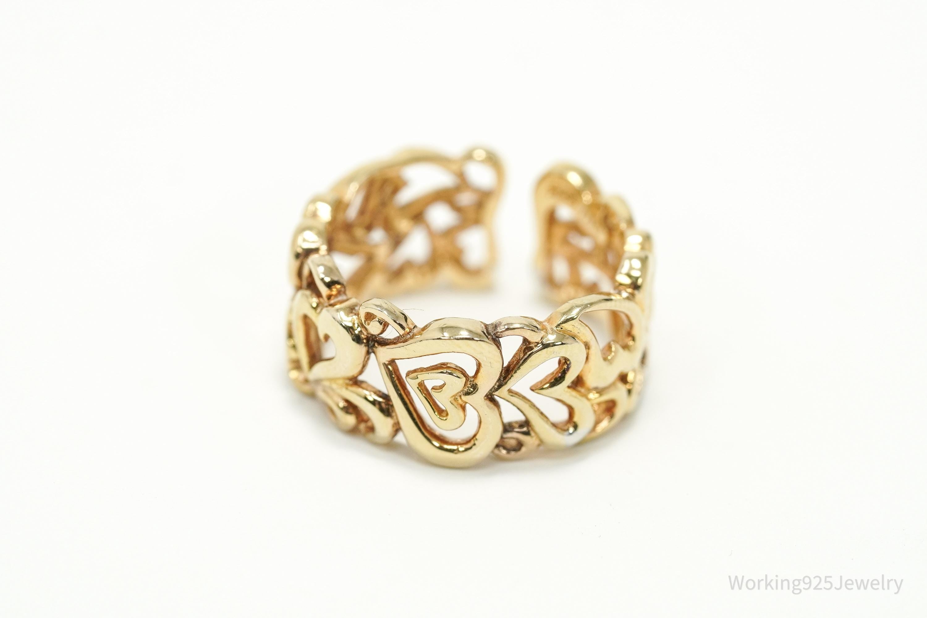 Vintage Gold Vermeil Hearts Wide Band Sterling Silver Ring Adjustable Sz 6.75