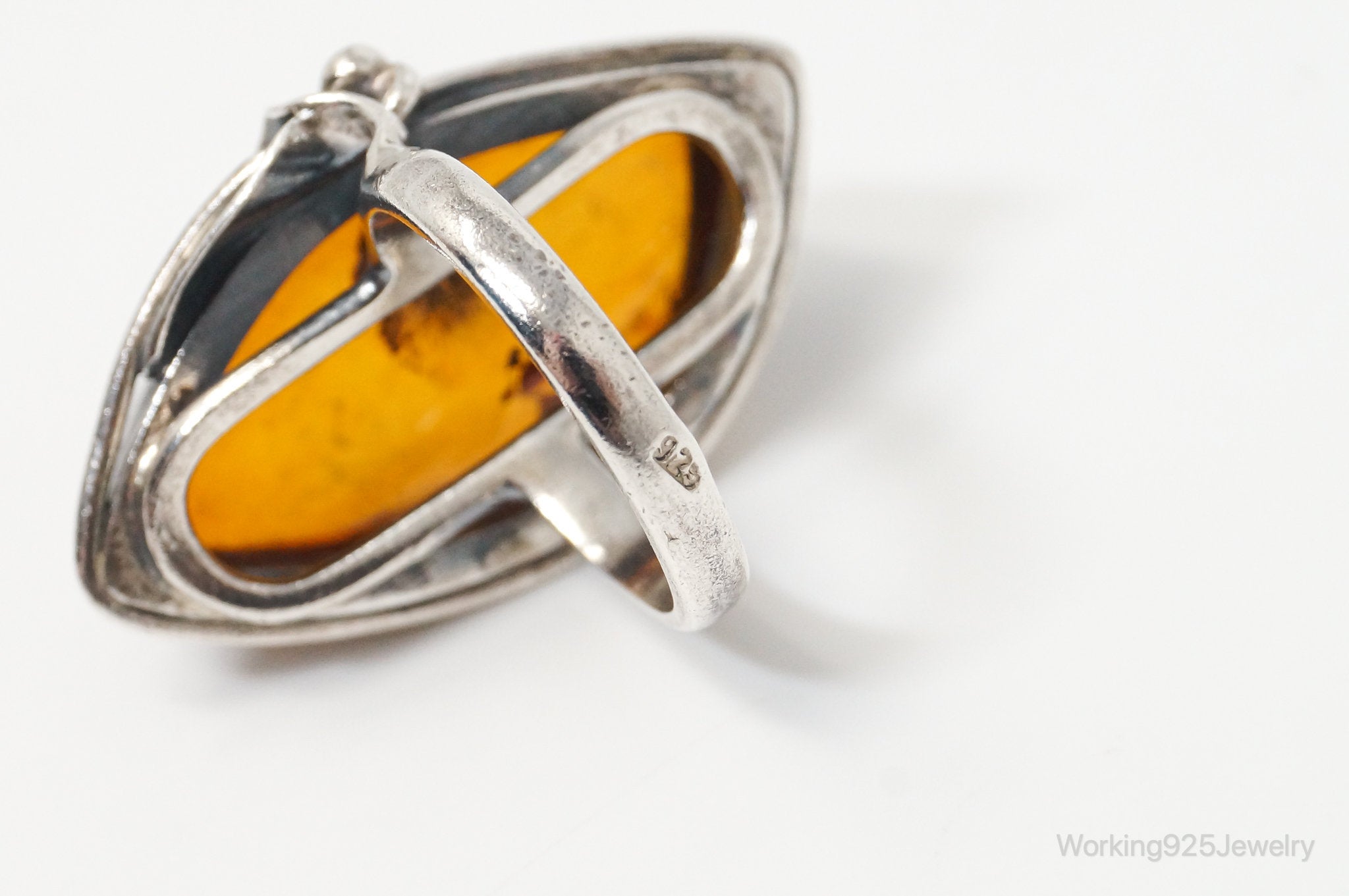 Vintage Large Honey Baltic Amber Sterling Silver Ring Size 6.75