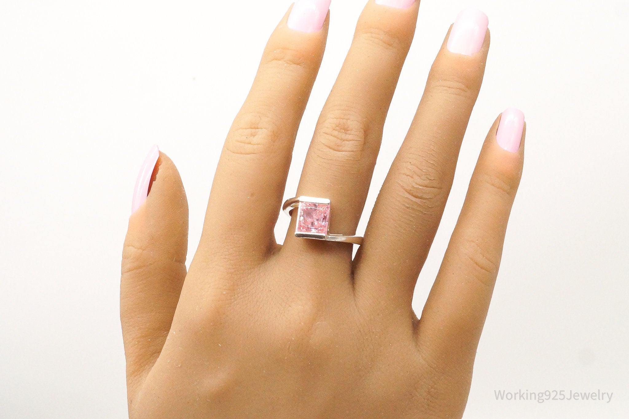 Vintage Pink DQCZ Diamonique Sterling Silver Ring - Size 8.25