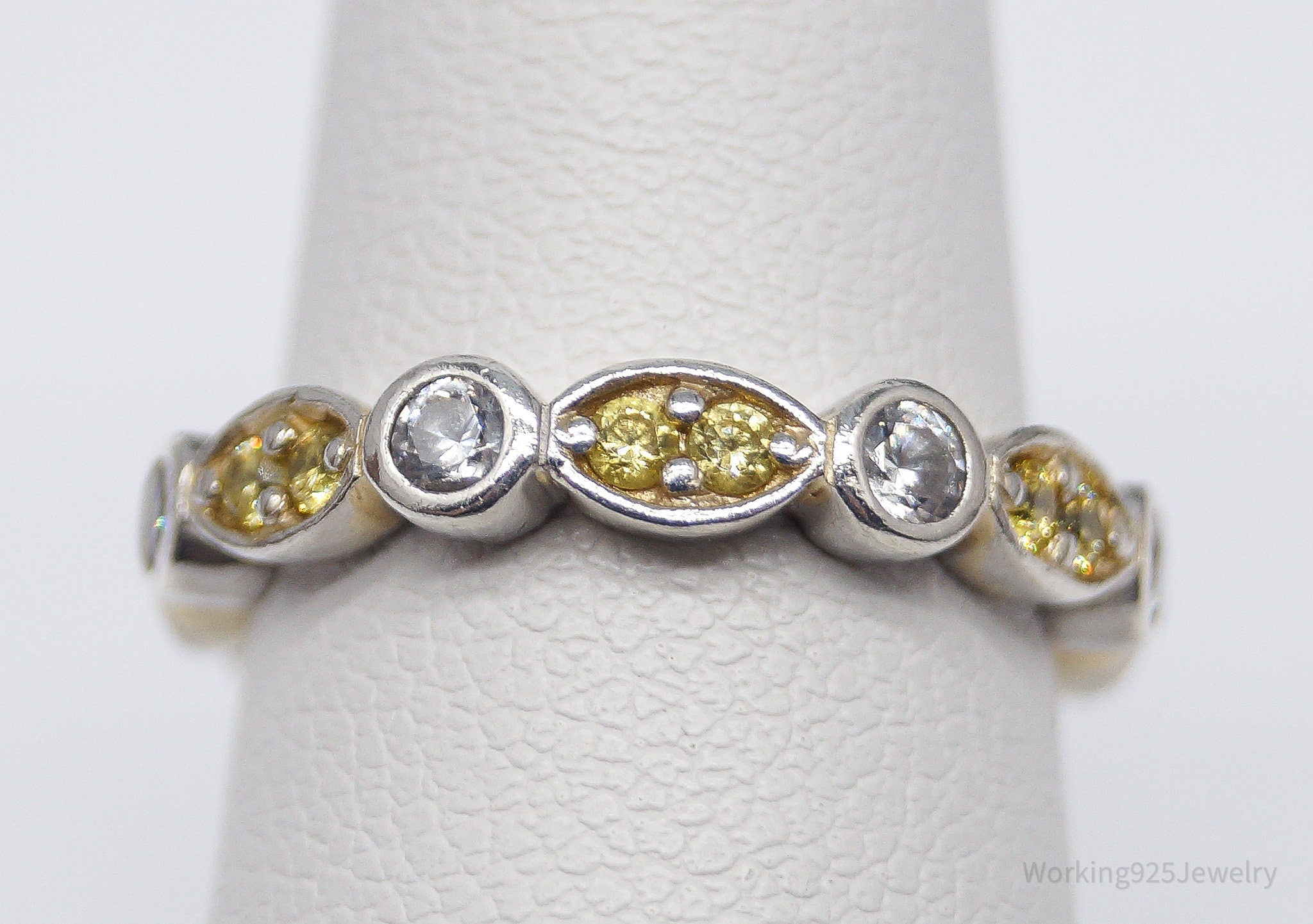 Vintage Yellow & White Cubic Zirconia Sterling Silver Ring- Size 5