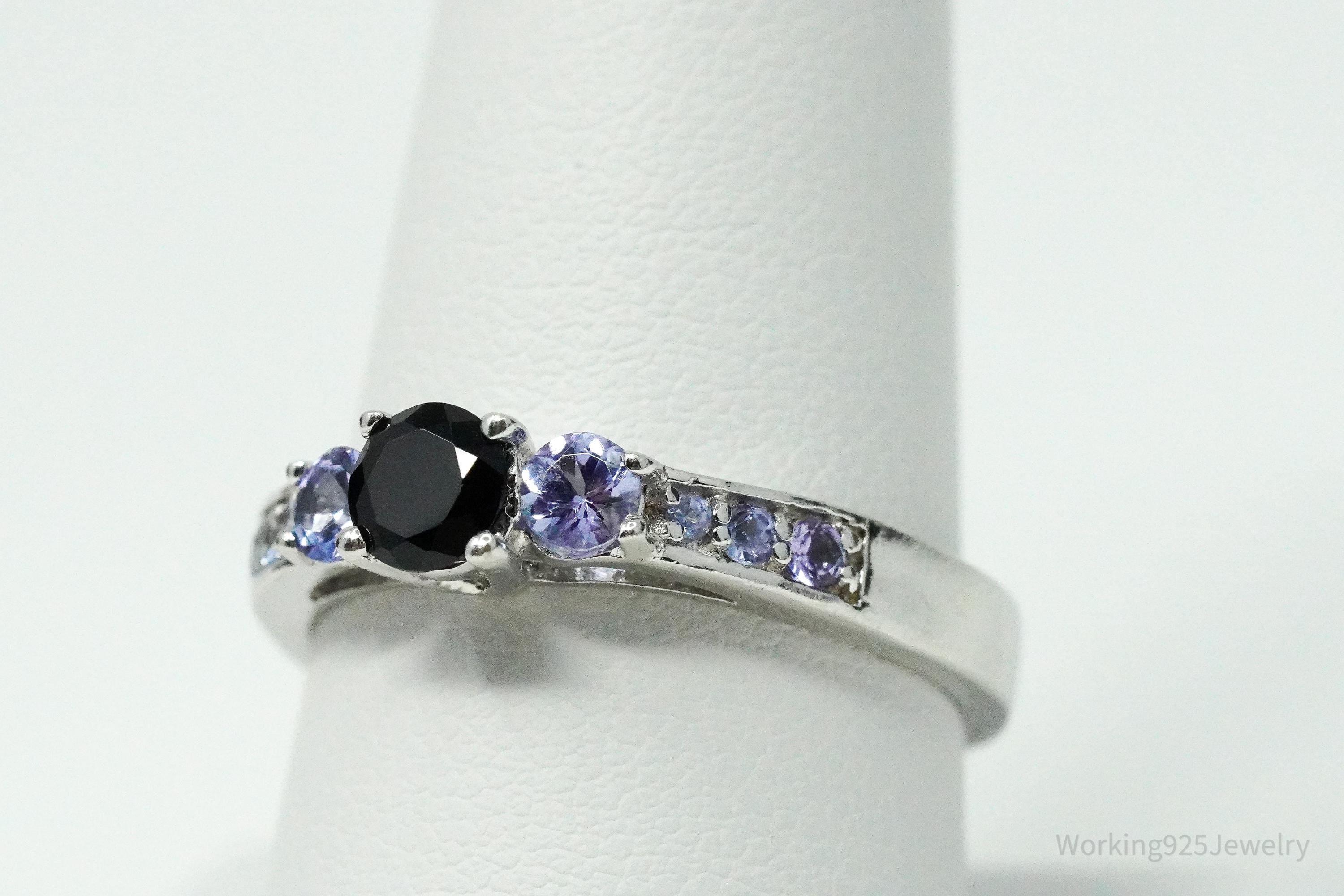 Vintage Black Tourmaline & Tanzanite Sterling Silver Ring - Size 9