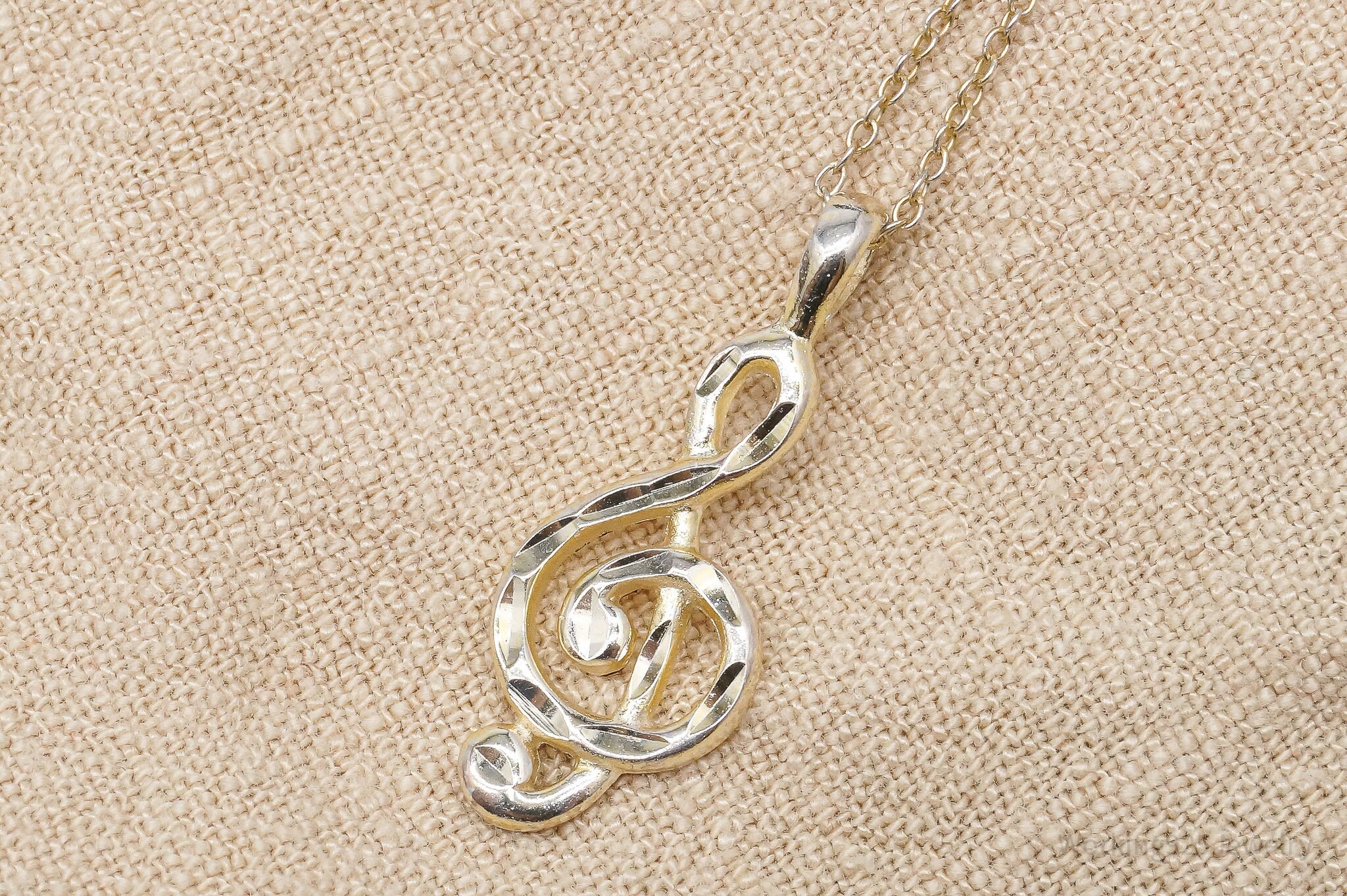 Vintage Treble Clef Music Note Gold Wash Sterling Silver Necklace 18"