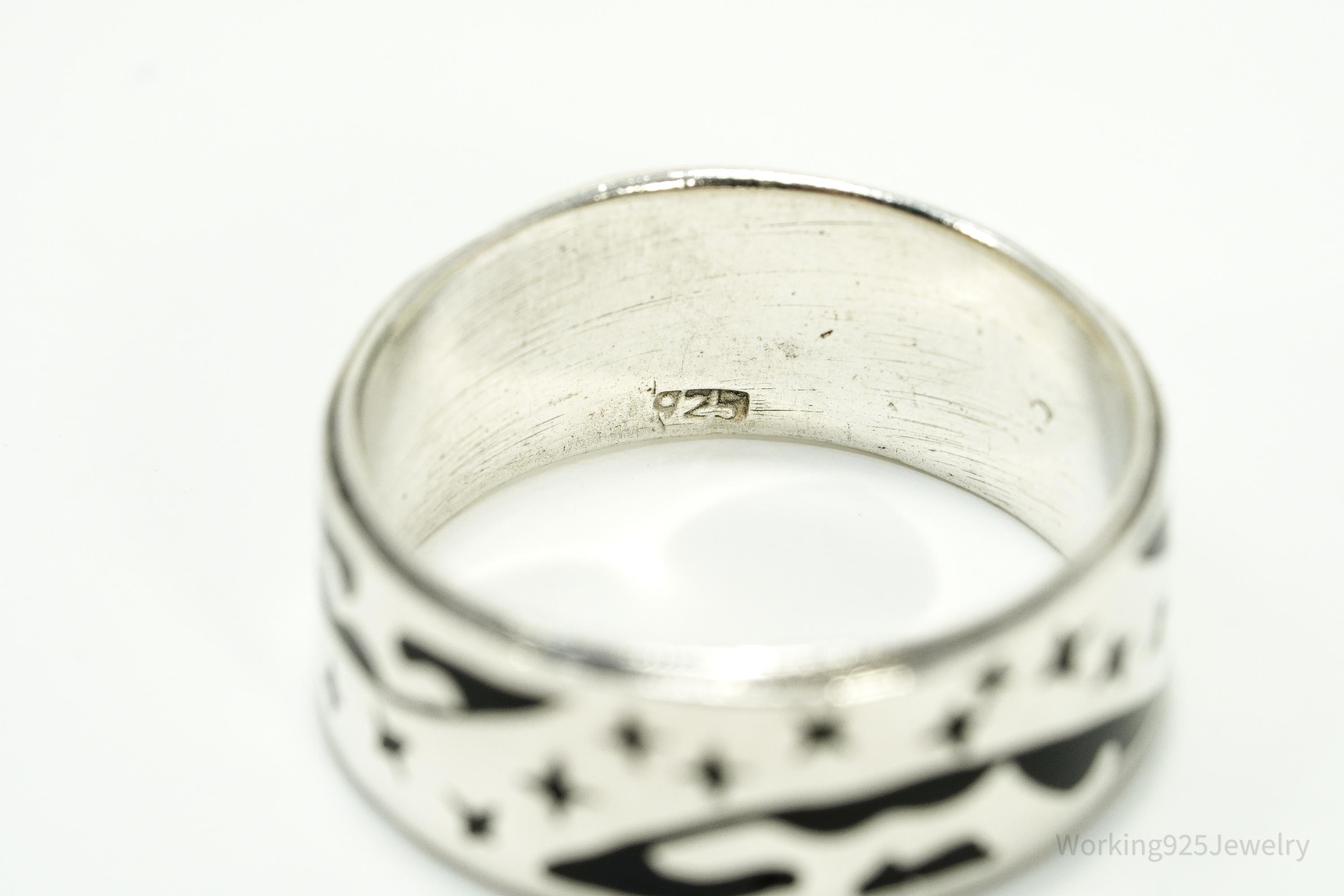 Vintage Earth & Stars Enamel Sterling Silver Band Ring - Size 10.5