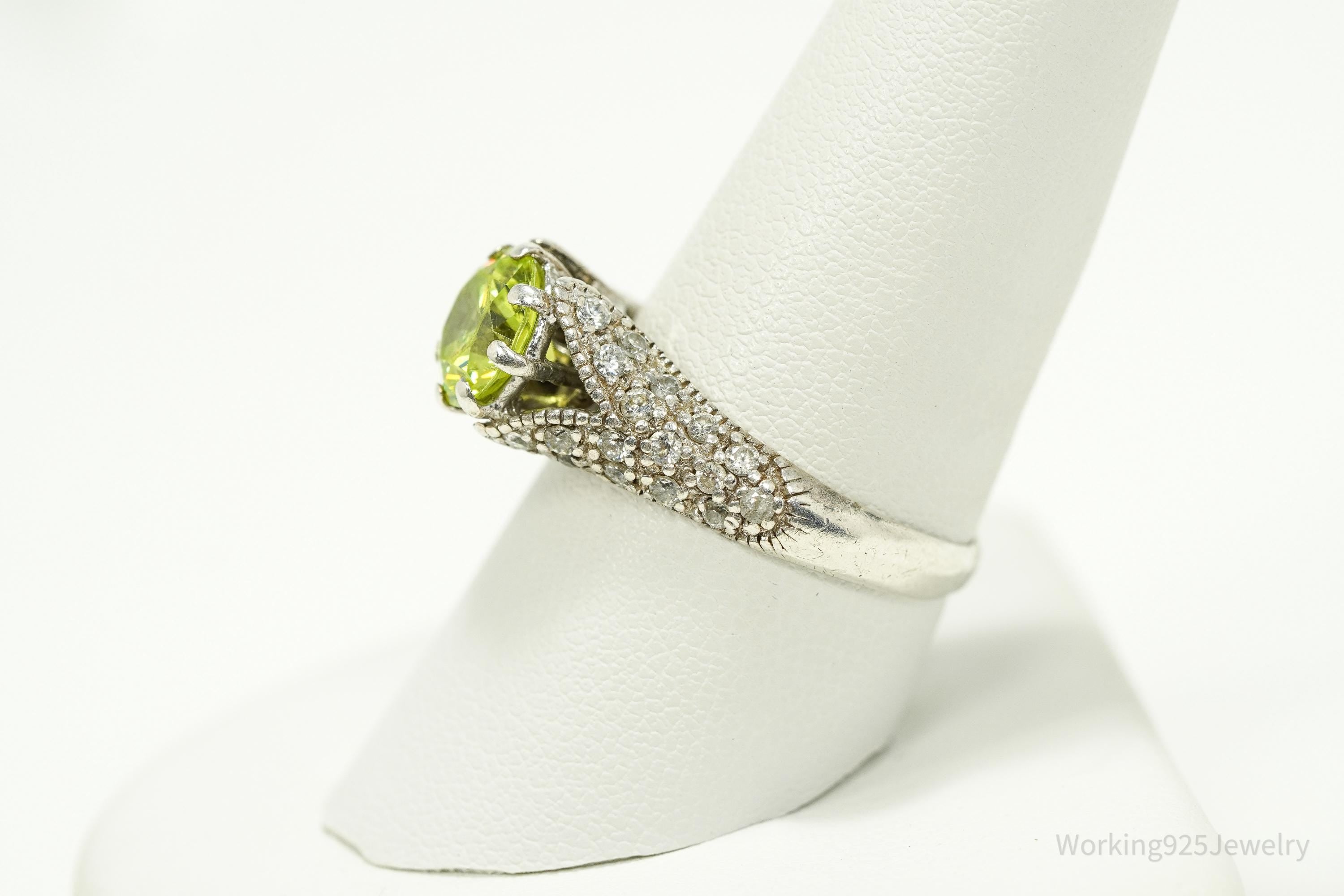 Vintage Espo Green & White Cubic Zirconia Sterling Silver Ring - Size 9