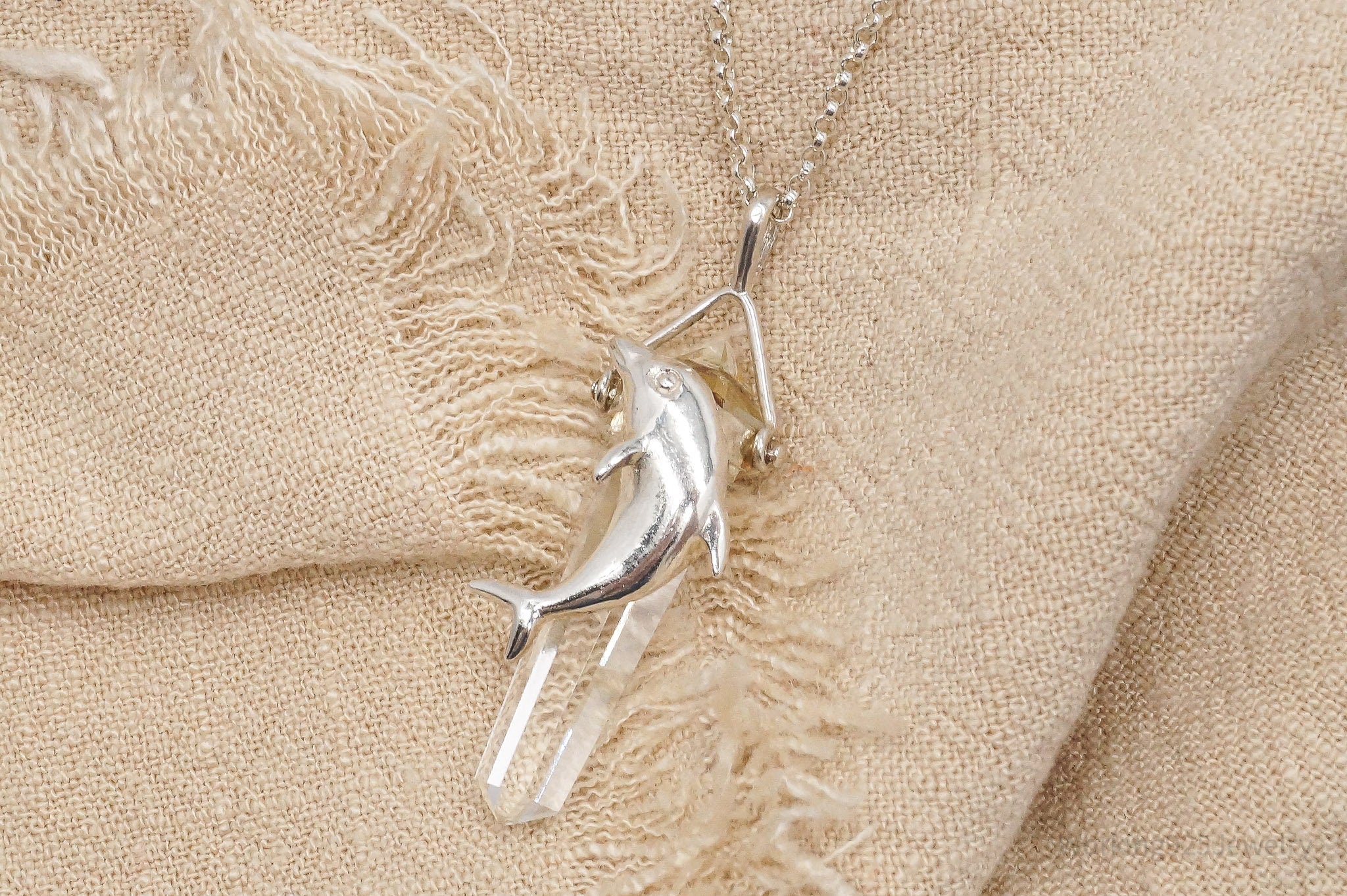Vintage Dolphin & Crystal Sterling Silver Necklace 18"
