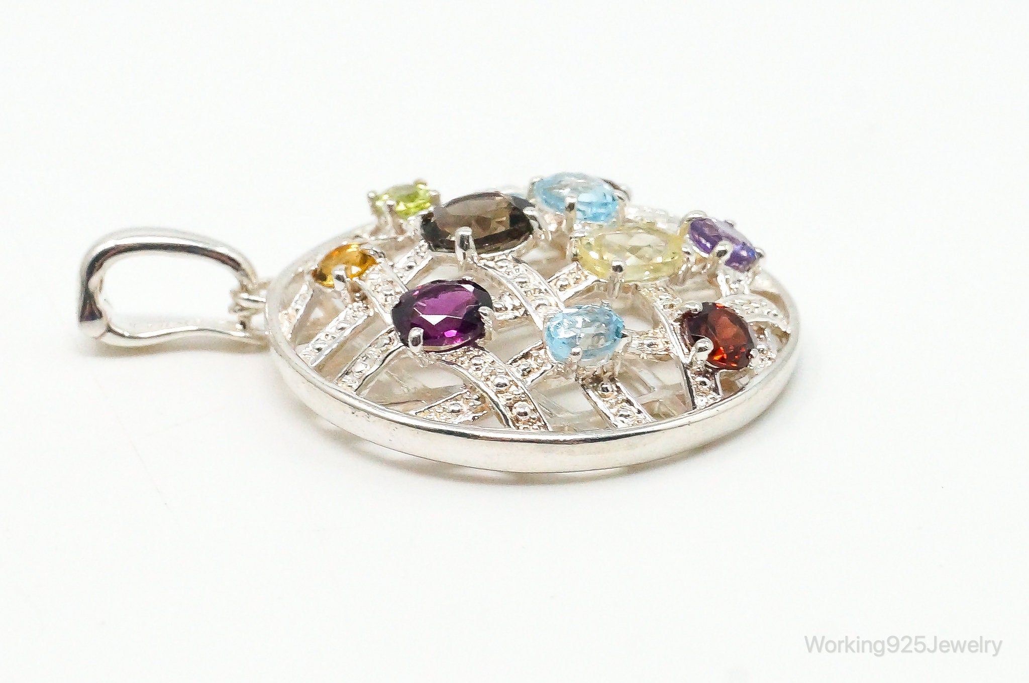 Vintage Multi Gemstone Sterling Silver Necklace Pendant