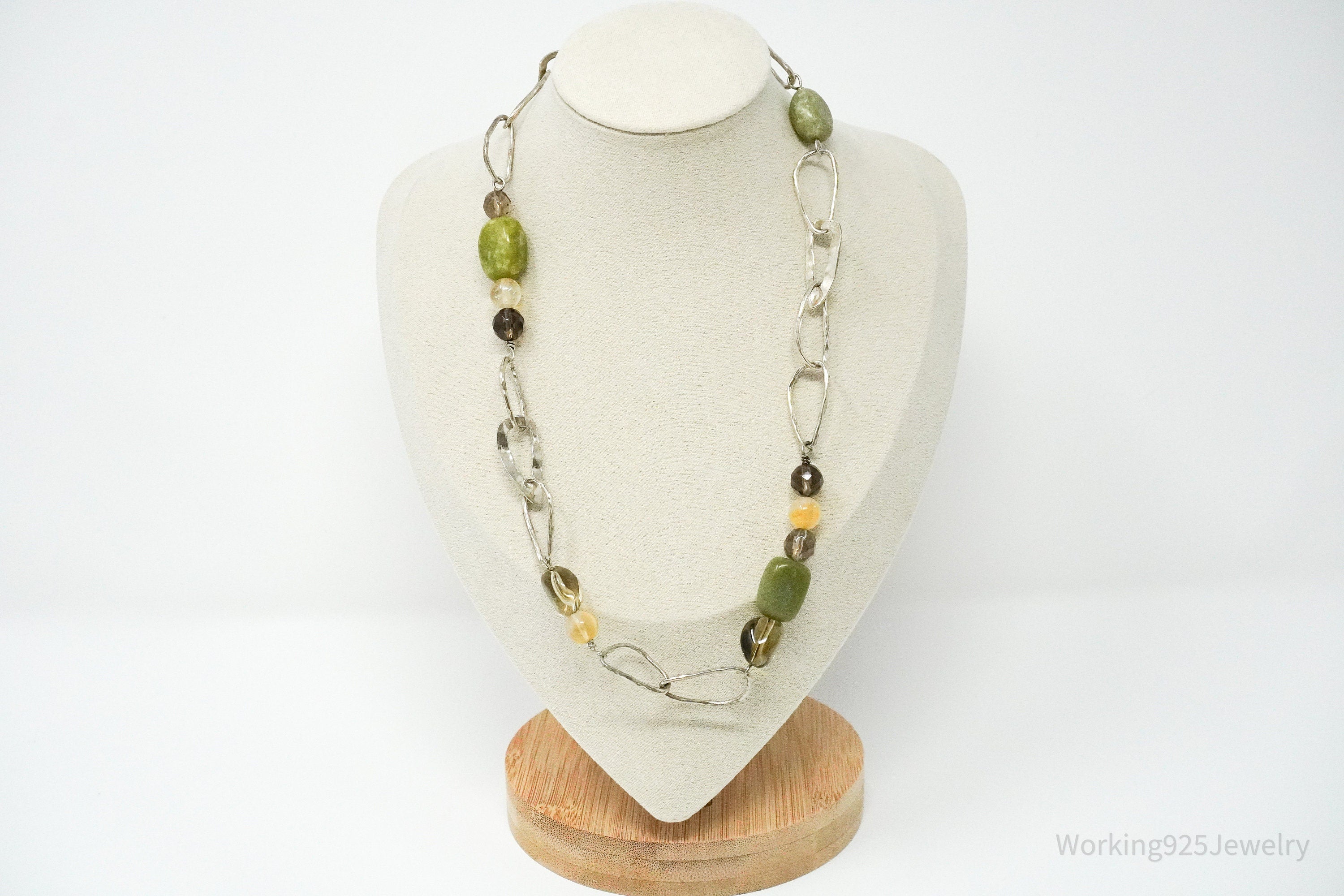 Retired Silpada Jade Smoky Topaz Citrine Chain Link Sterling Silver Necklace 18"