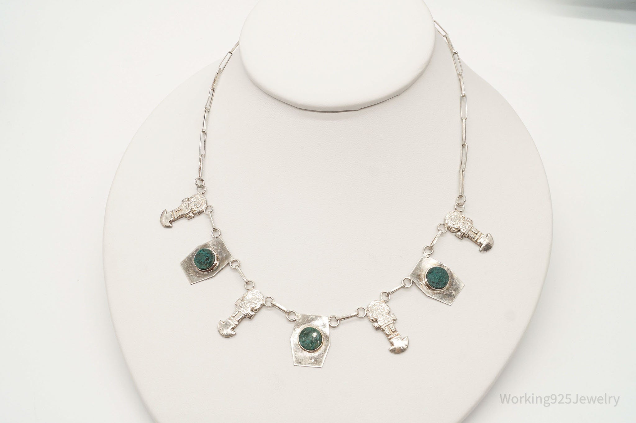 Vintage Chrysocolla Aztec Style Sterling Silver Necklace