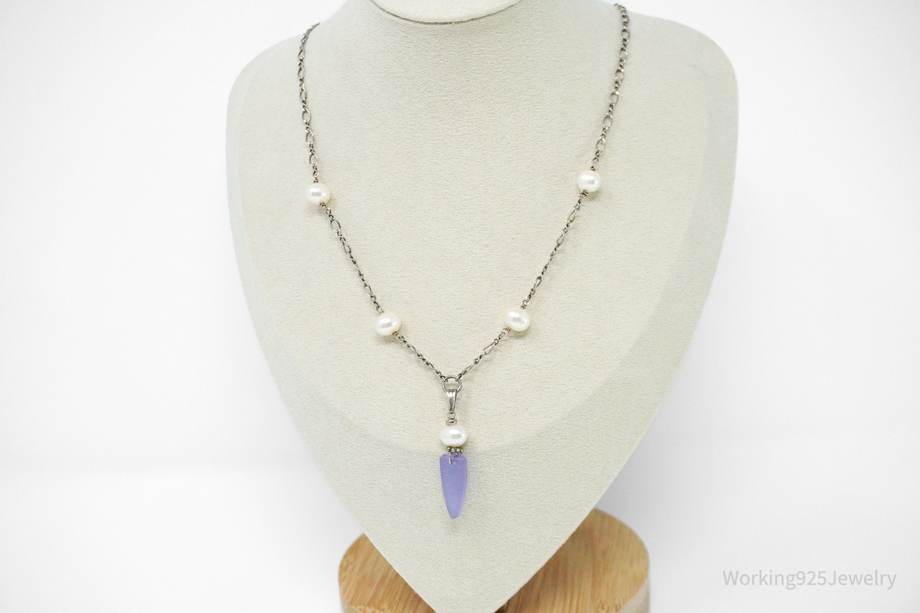 Vintage Pearl & Purple Stone Sterling Silver Necklace 18"