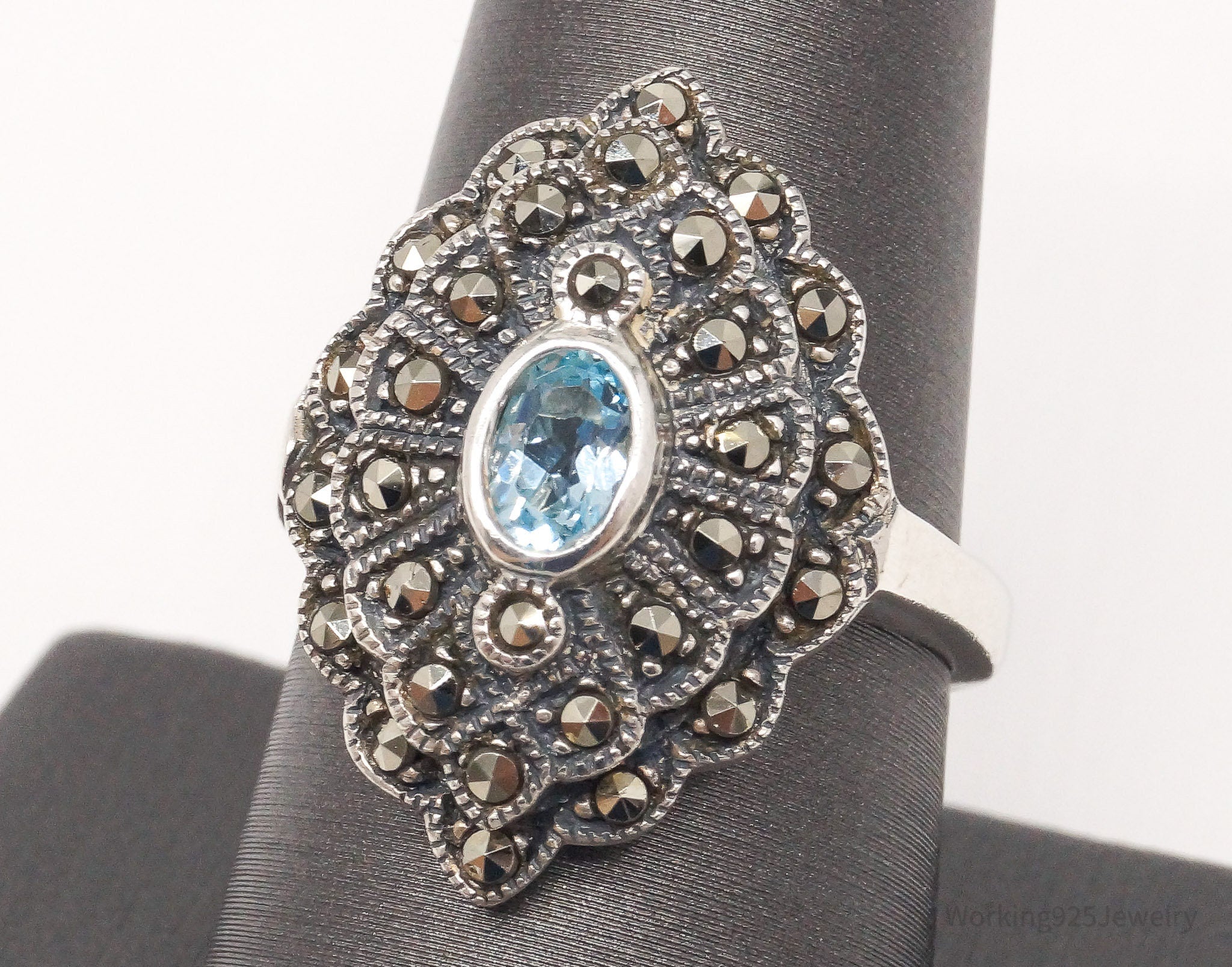 Vintage Blue Topaz Marcasite Sterling Silver Ring - Size 8.75