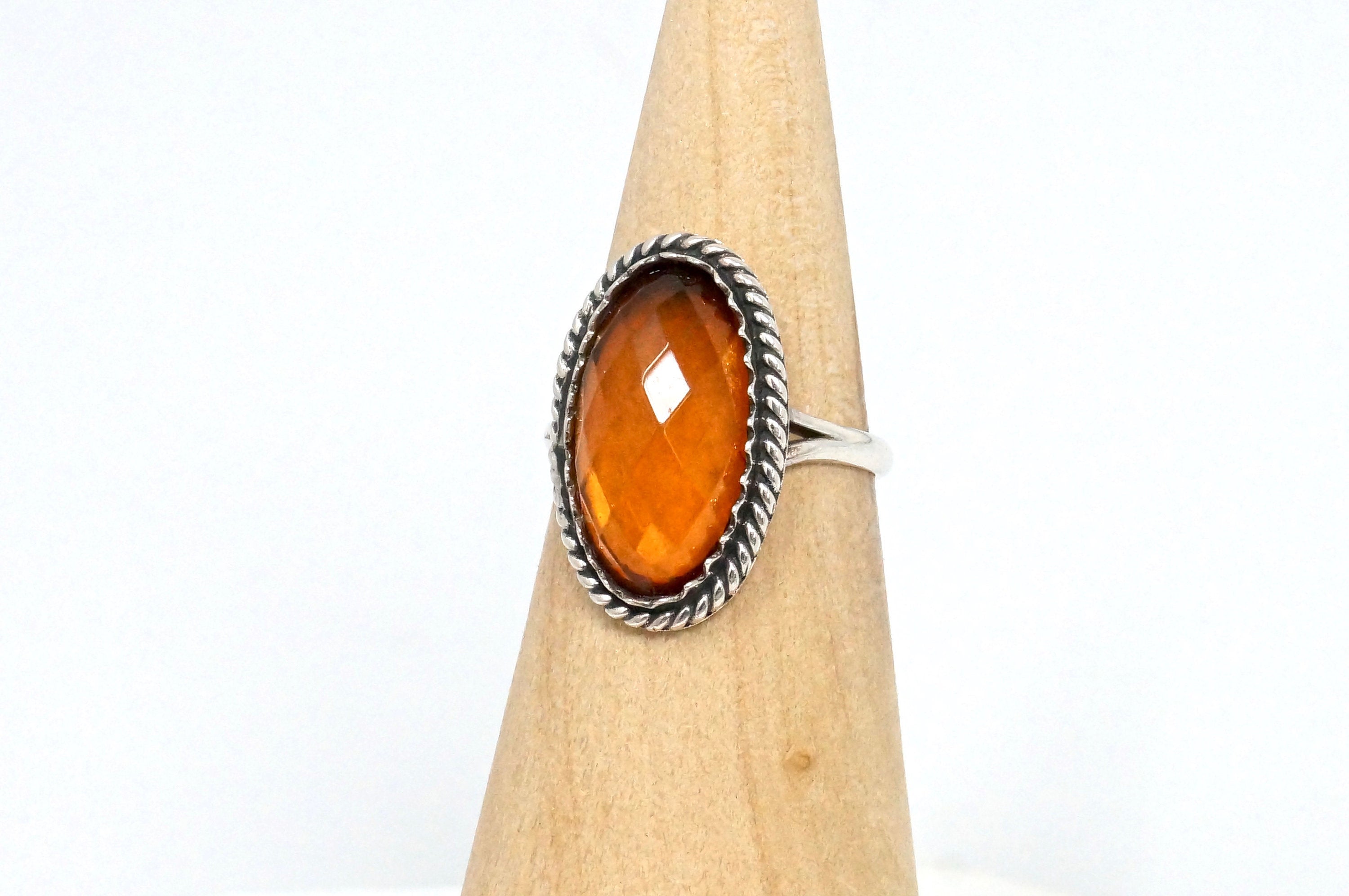 Vintage Large Orange Amber Rope Design Sterling Silver Ring - Size 6.75