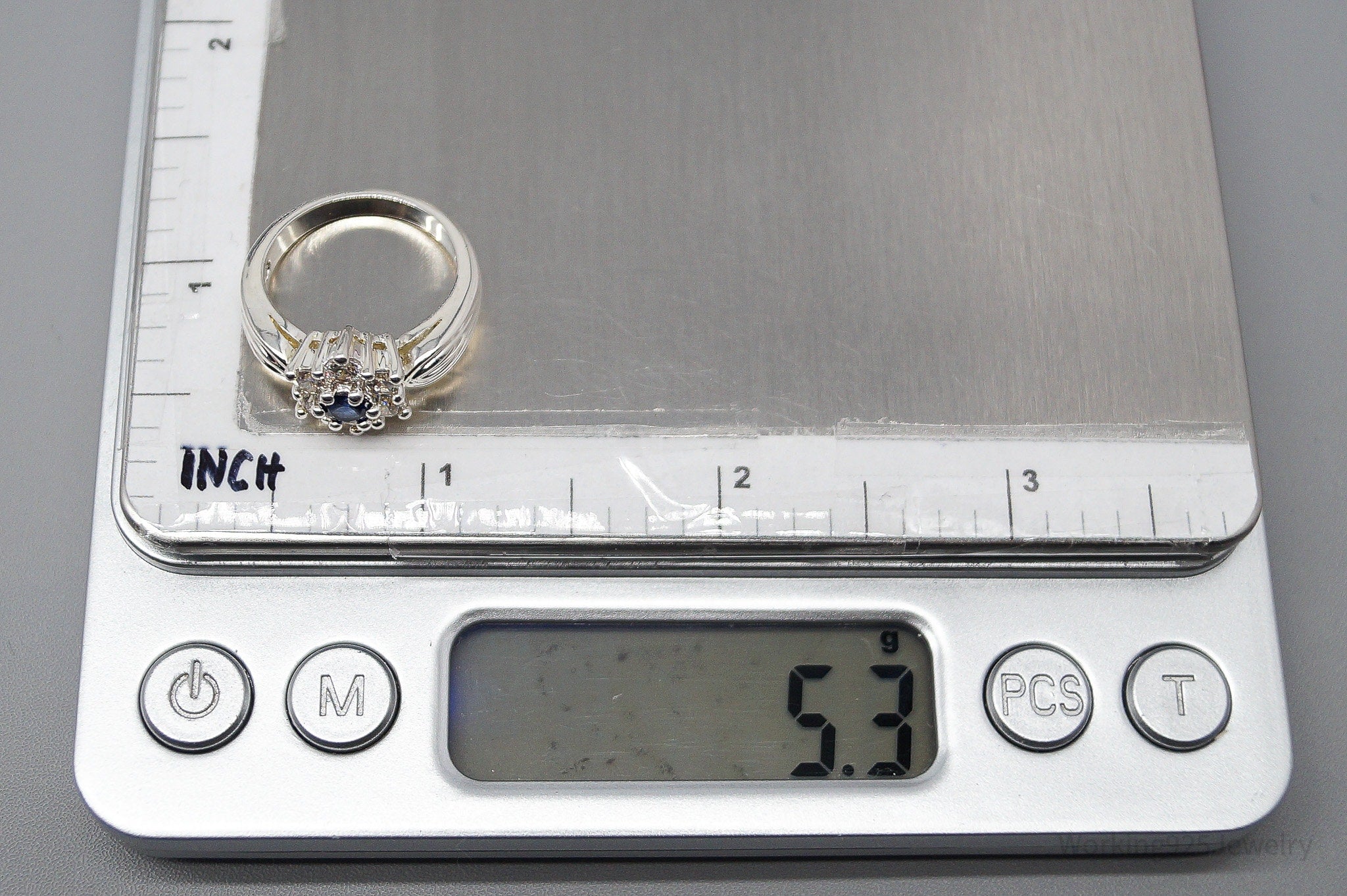 Sapphire & Cubic Zirconia Rhodium Plated Sterling Silver Ring - Size 6