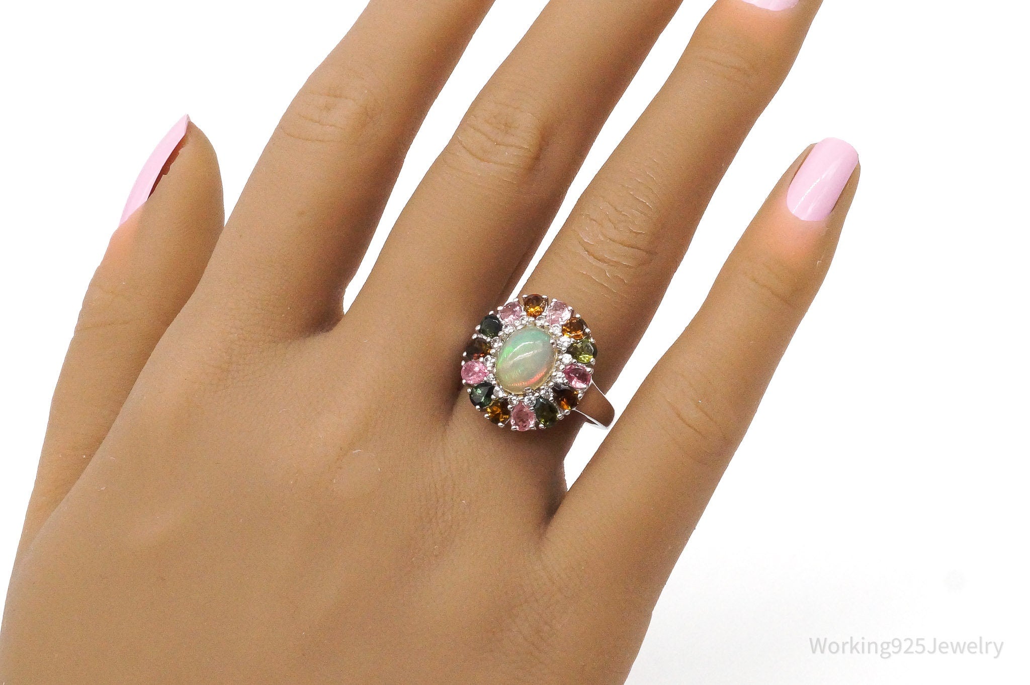 Ethiopian Opal Multicolored Tourmaline Zircon Rhodium Sterling Silver Ring SZ 8