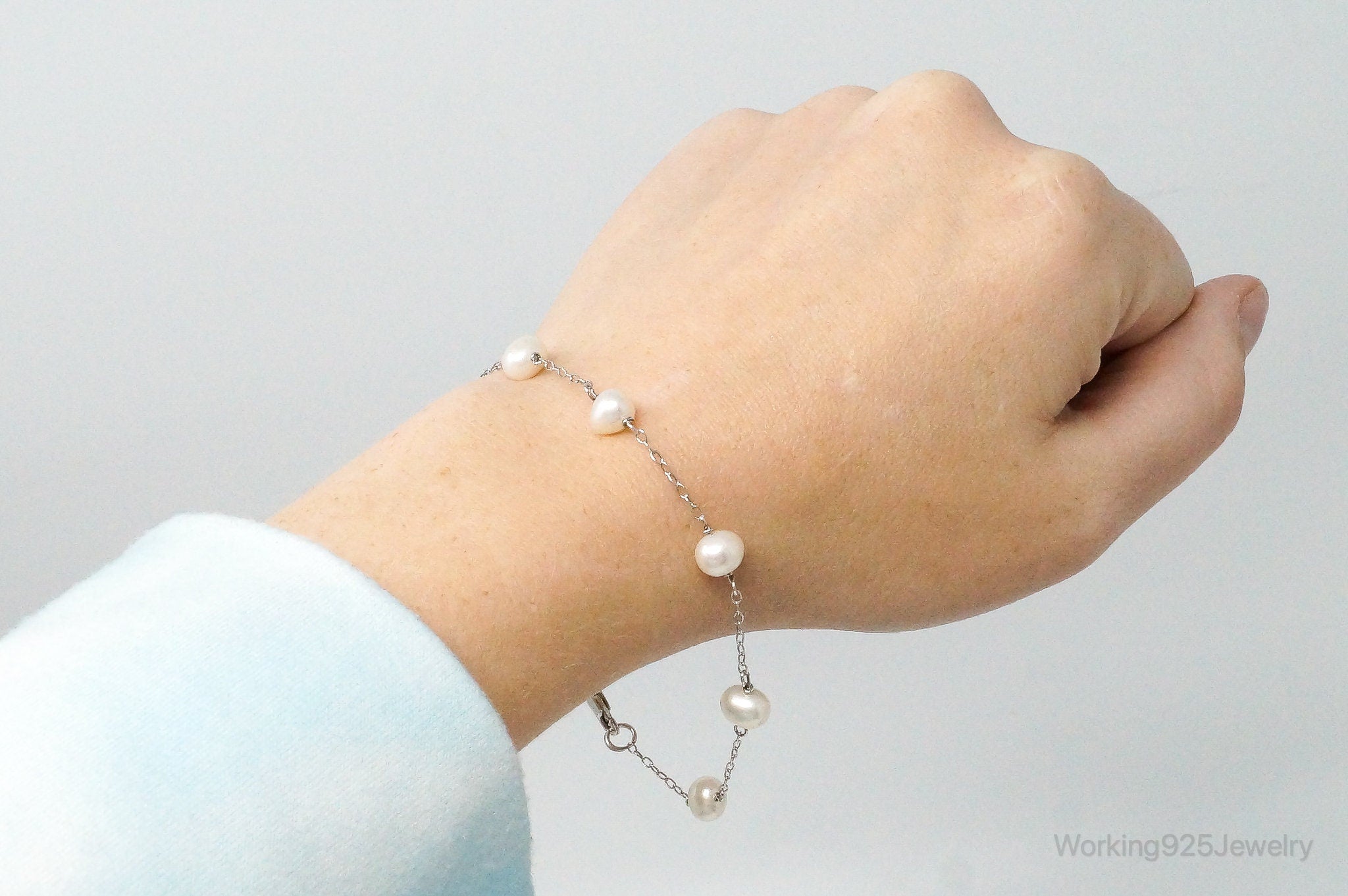 Vintage Pearl Sterling Silver Chain Bracelet