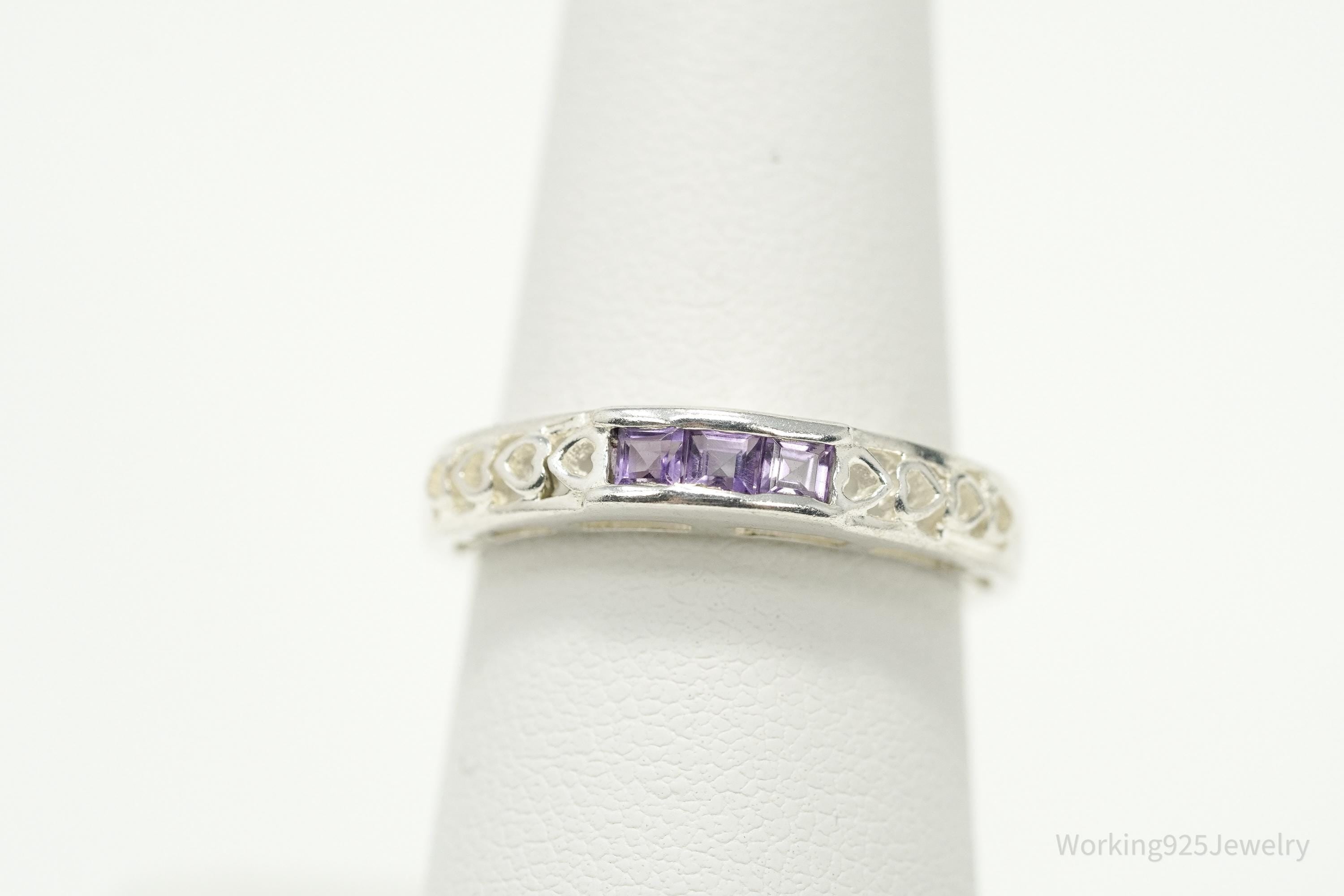 Vintage Purple Amethyst Hearts Pattern Sterling Silver Ring - Size 7