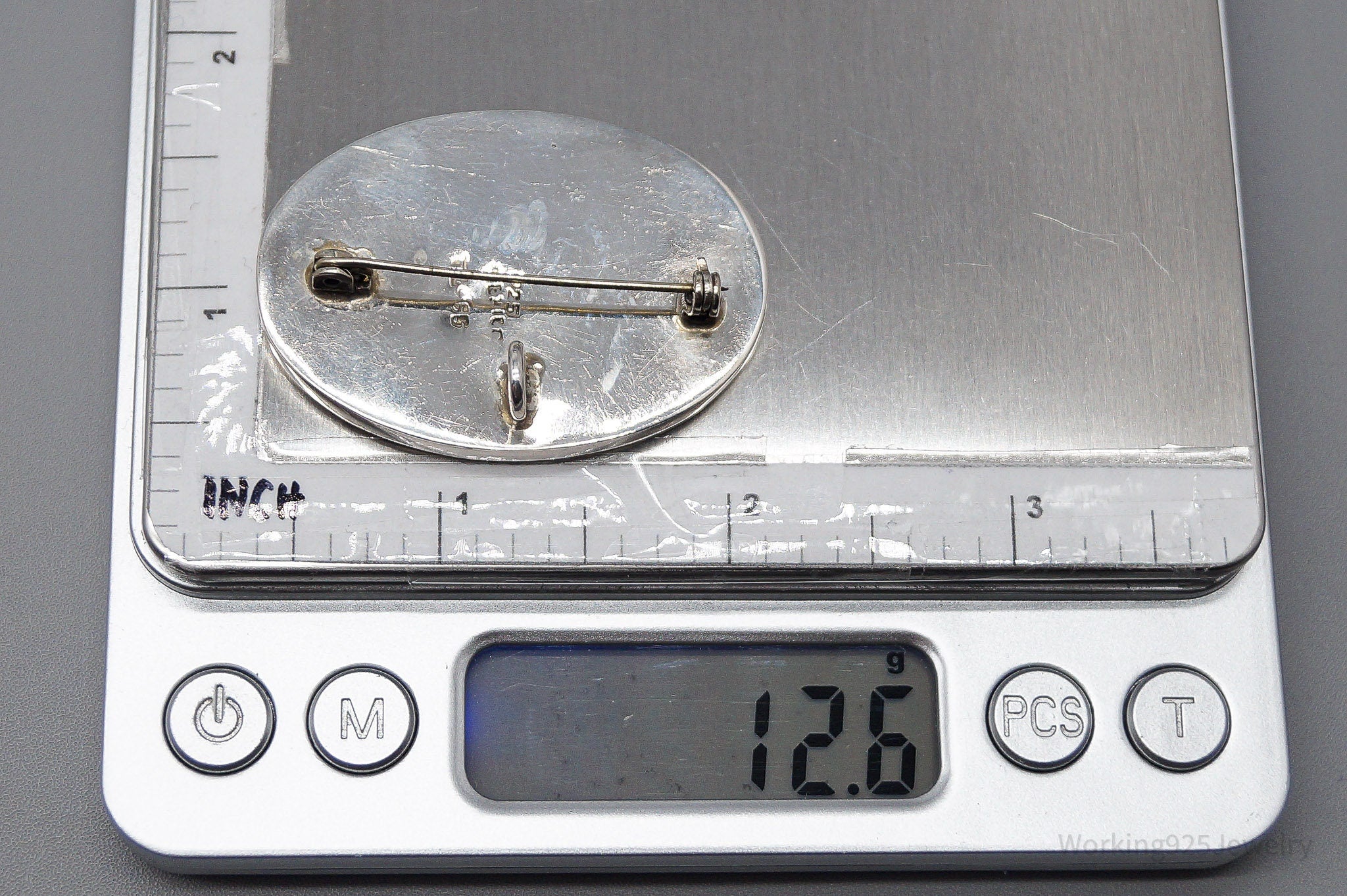 Large Vintage Mexican Paua Abalone Shell Sterling Silver Brooch Pin Pendant