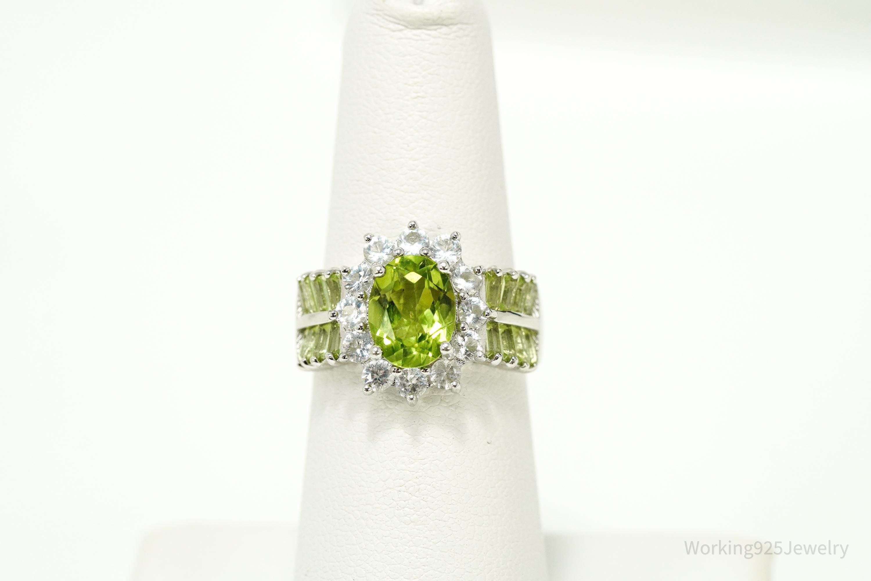 Peridot & Cubic Zirconia Sterling Silver Ring - Size 6
