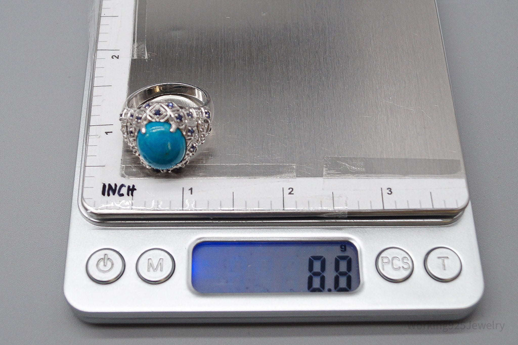 Vintage Turquoise Iolite Cubic Zirconia Sterling Silver Ring - Size 10