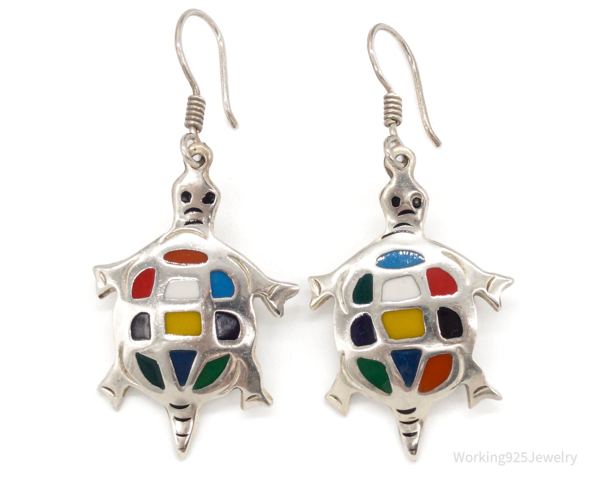 Vintage Mexico Rainbow Enamel Inlay Sterling Silver Turtles Earrings