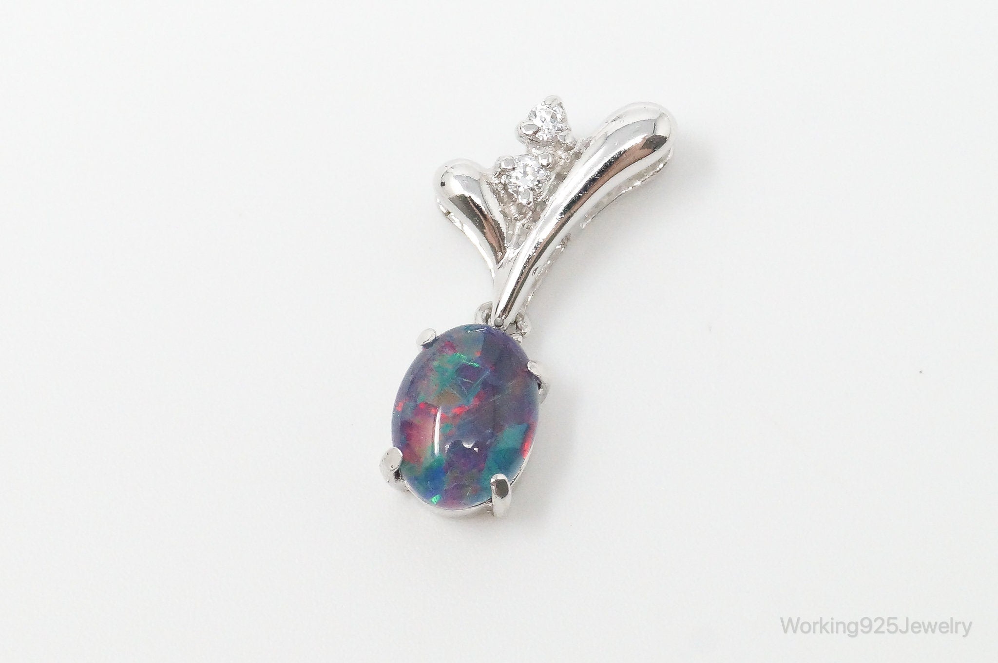 Vintage Opal Cubic Zirconia Sterling Silver Necklace Pendant