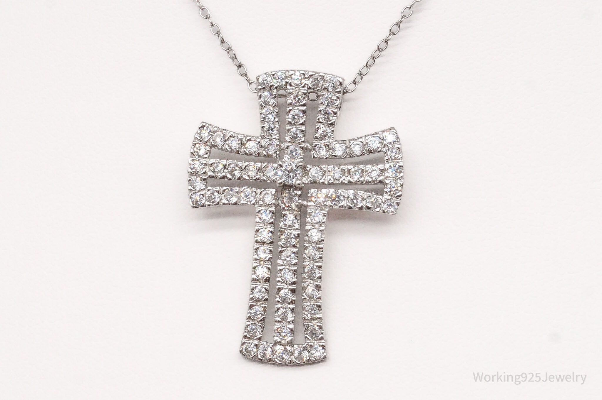 Vintage Cubic Zirconia Cross Sterling Silver Necklace 18"