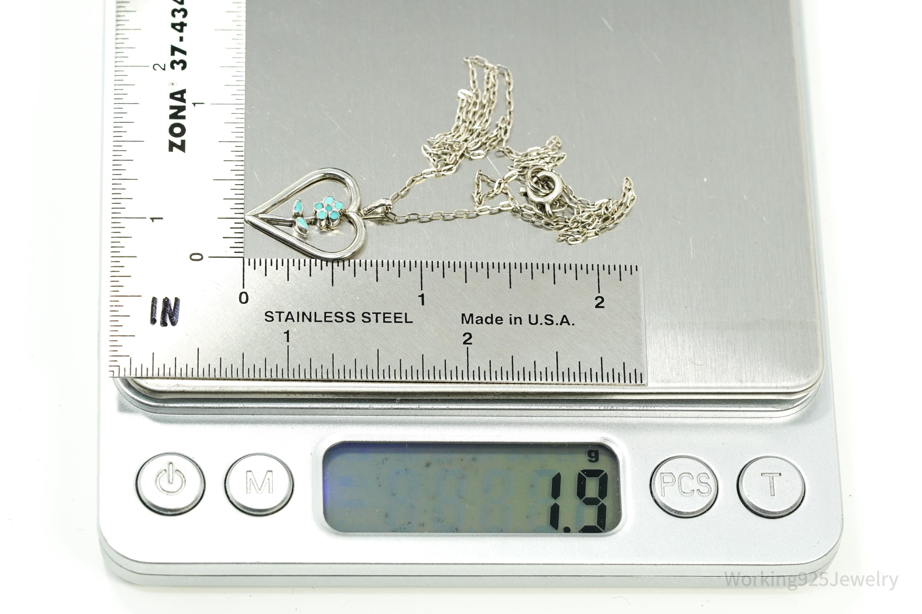 Vintage Turquoise Inlay Flower Heart Sterling Silver Chain Necklace 16"