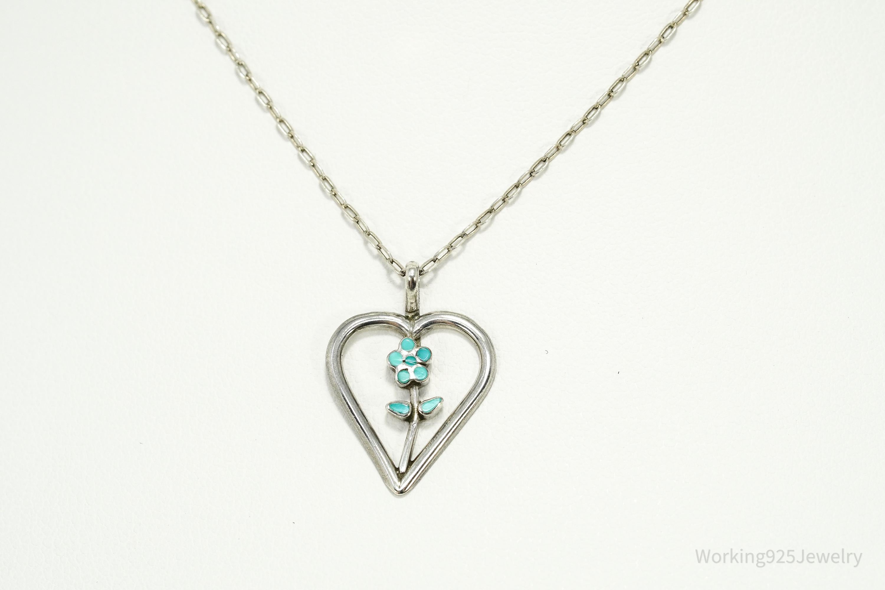 Vintage Turquoise Inlay Flower Heart Sterling Silver Chain Necklace 16"