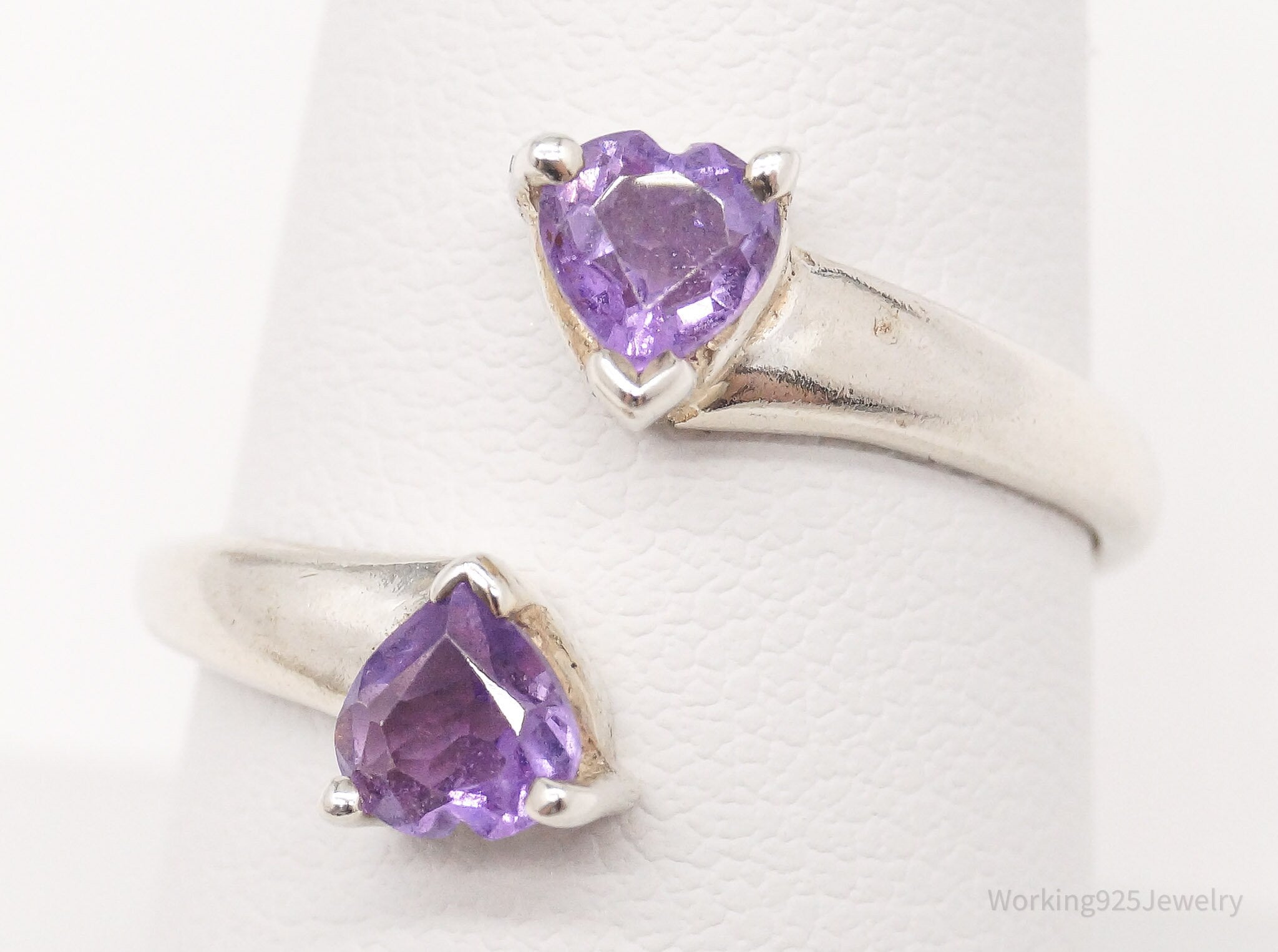 Vintage Amethyst Hearts Sterling Silver Wrap Ring - Size 8.75 Adjustable