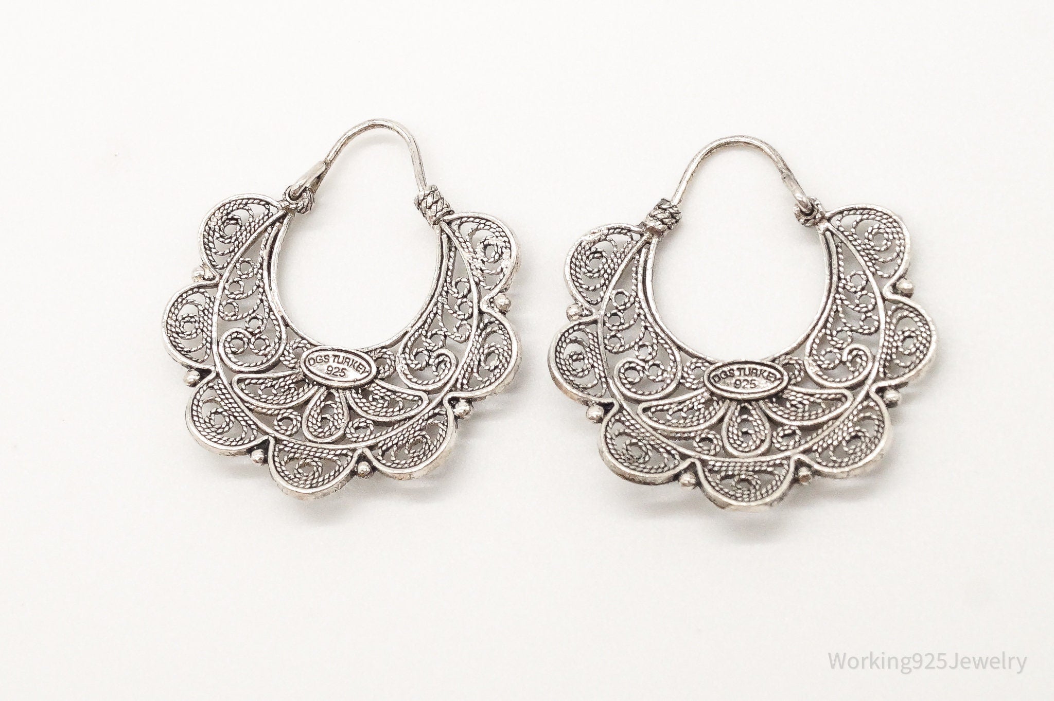 Vintage Turkey Designer DGS Flower Filigree Sterling Silver Earrings