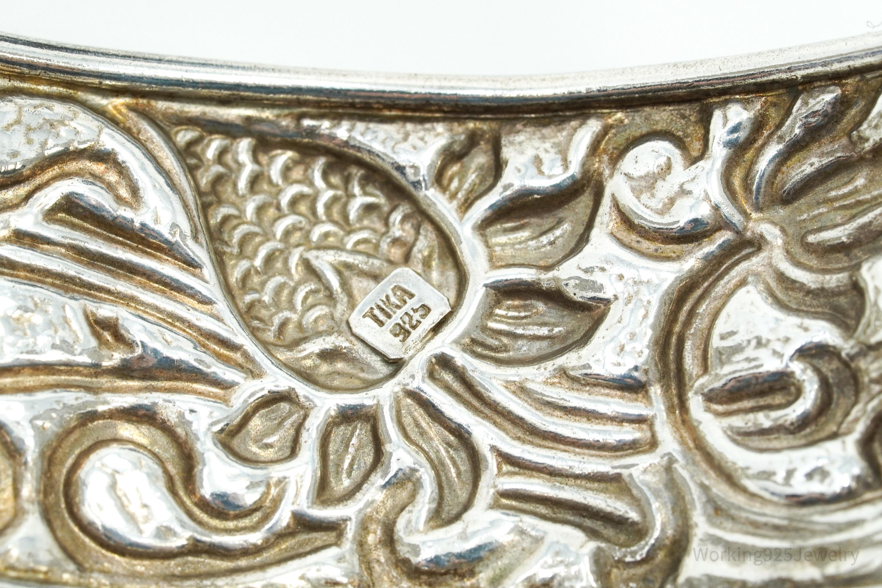 Vintage TIKA Strawberry Floral Pattern Repousse Sterling Silver Cuff Bracelet 7 5/8"