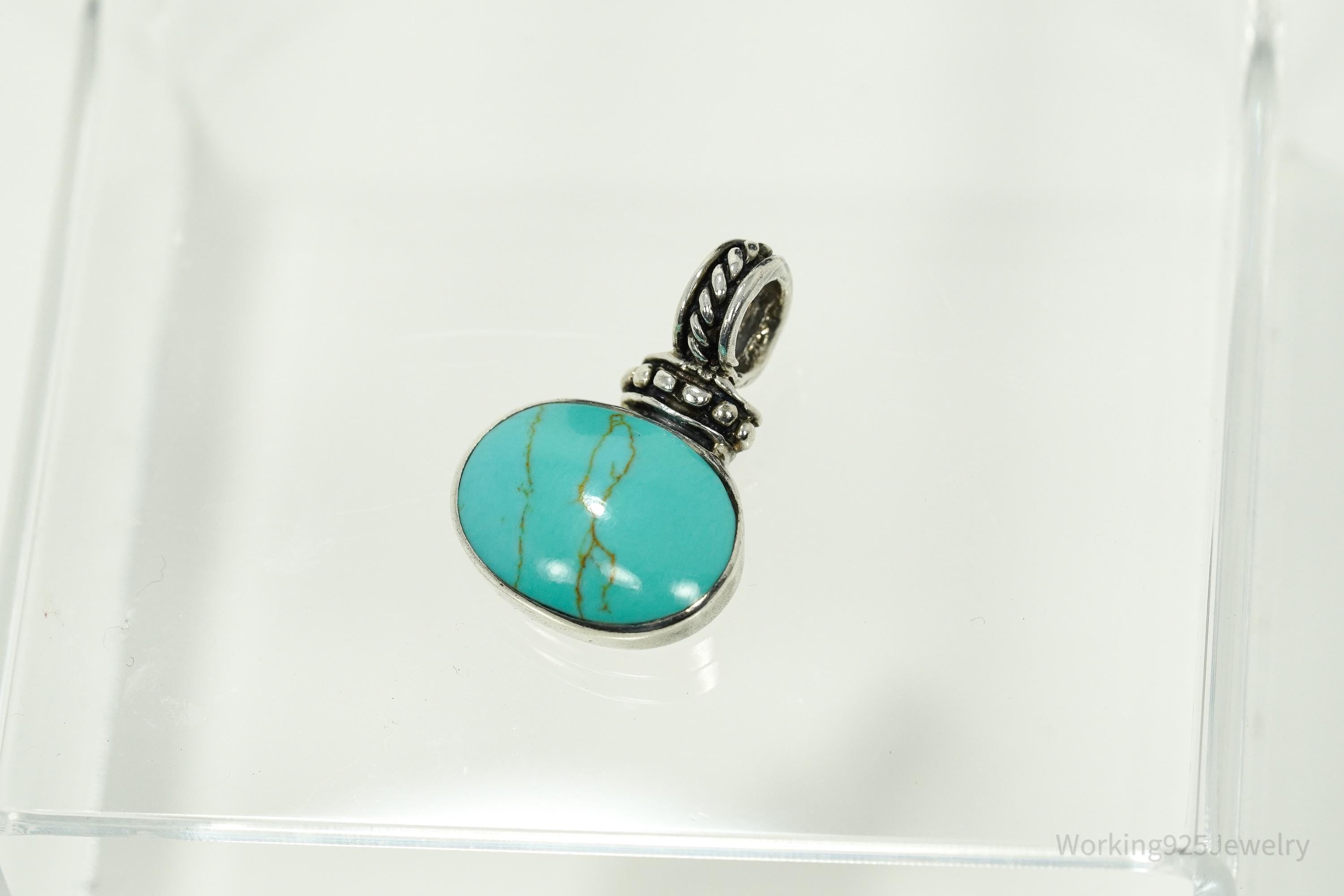 Vintage Blue Turquoise Sterling Silver Pendant 1 1/8"