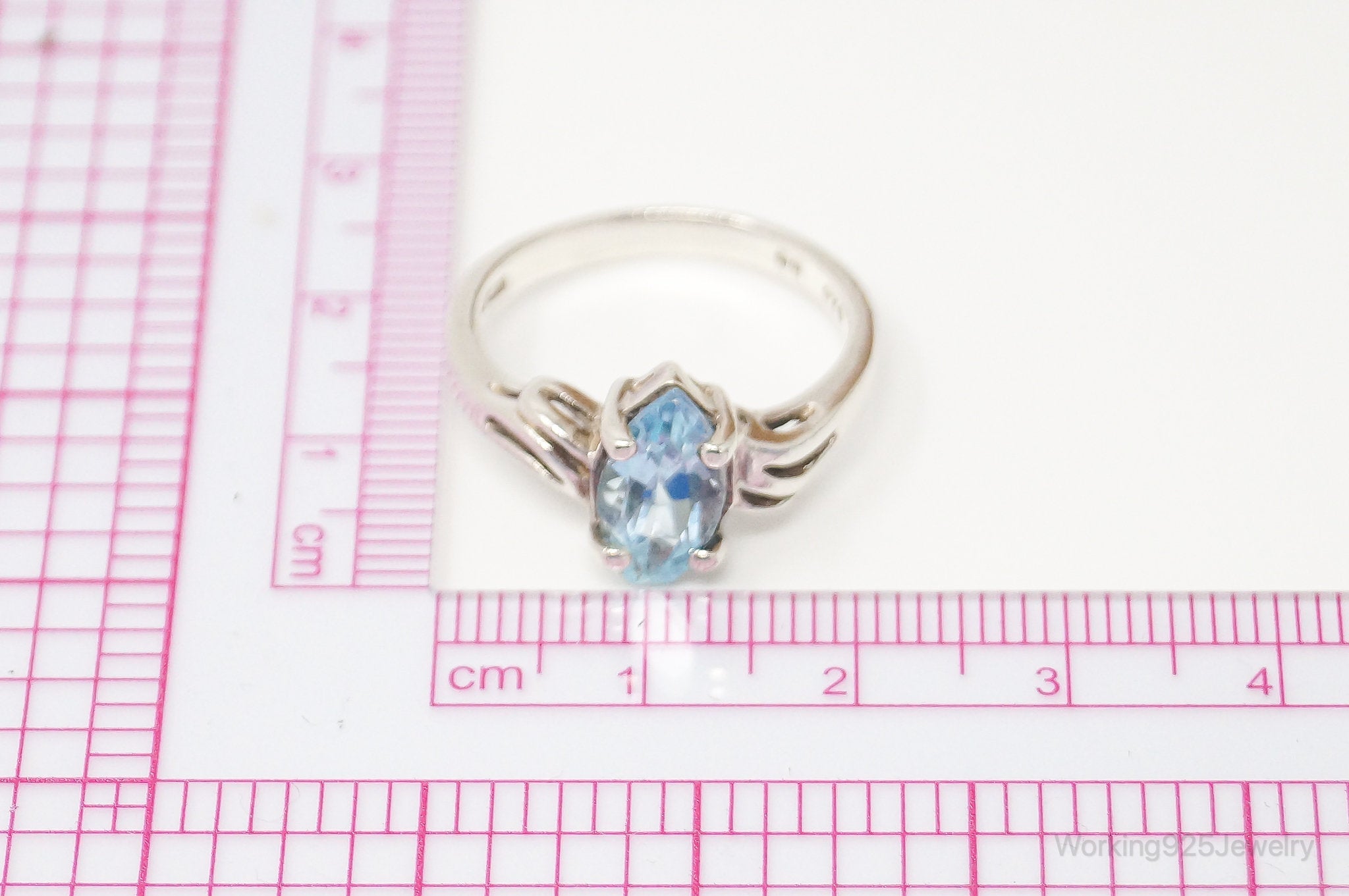Vintage Designer JED Art Deco Style Blue Topaz Sterling Silver Ring - SZ 8
