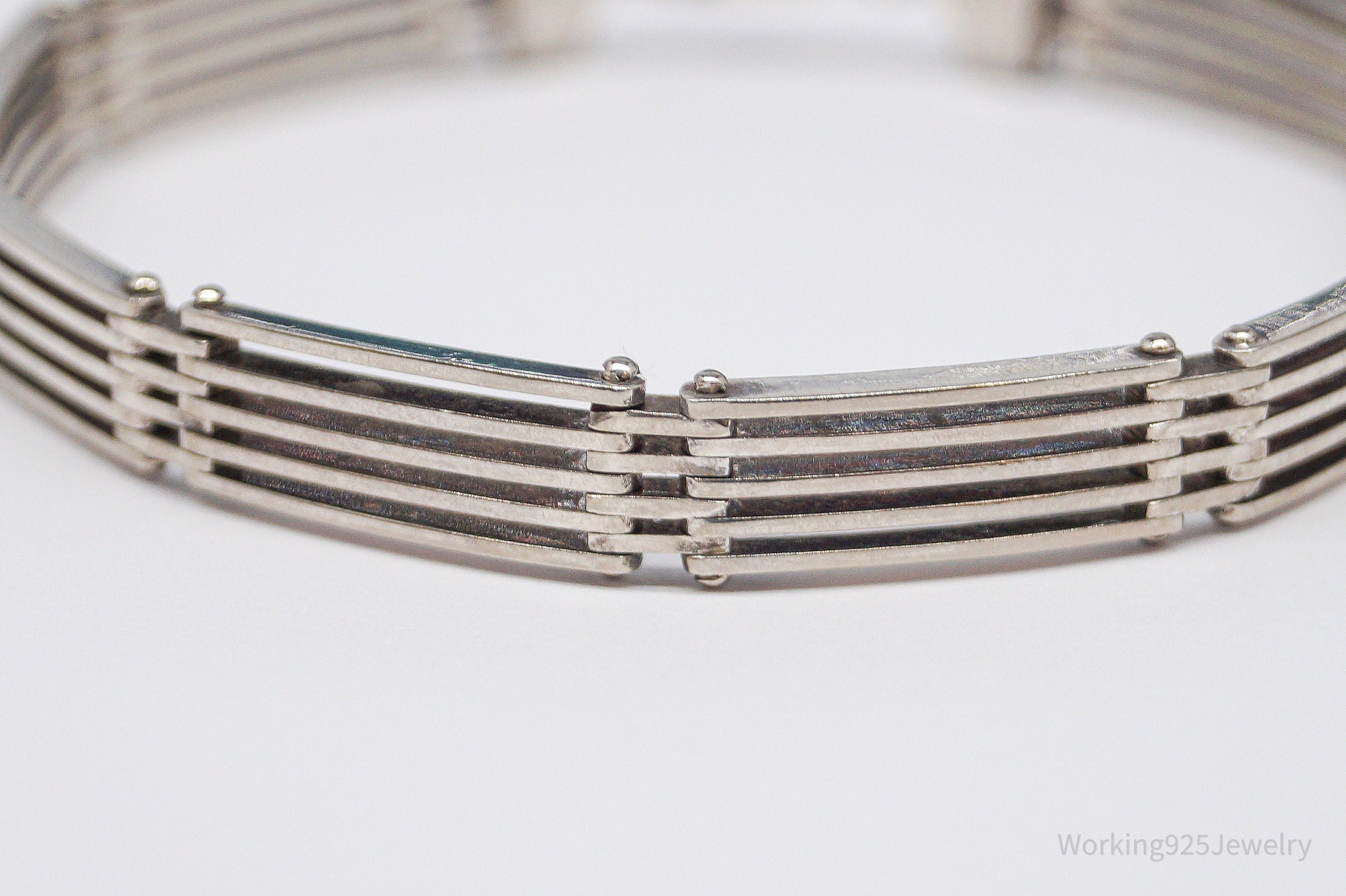 Vintage Italian Sterling Silver Bar Link Hinge Bracelet - 7 3/16"