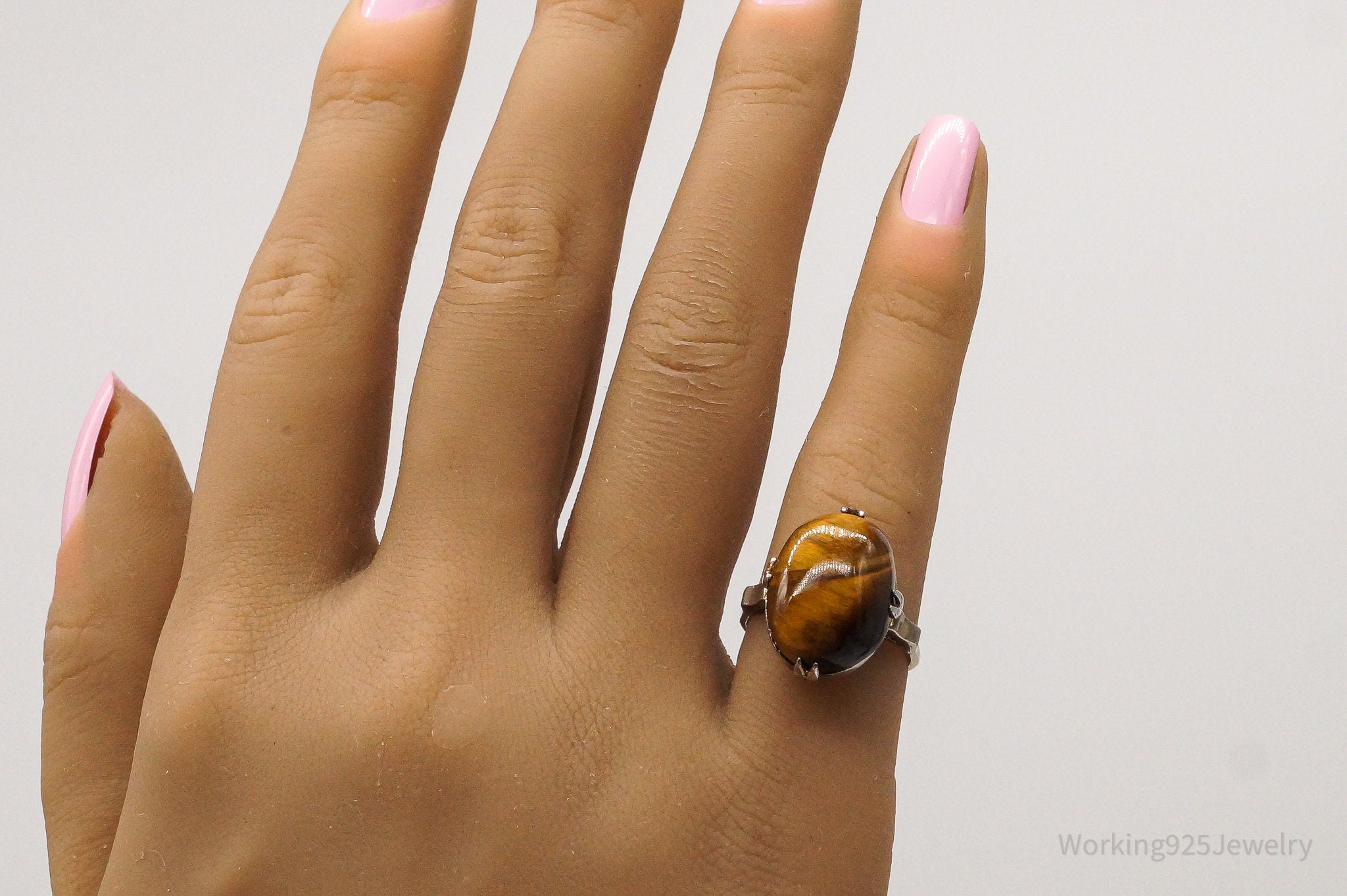 Antique Tigers Eye Gold Wash Silver Ring - Size 5.5