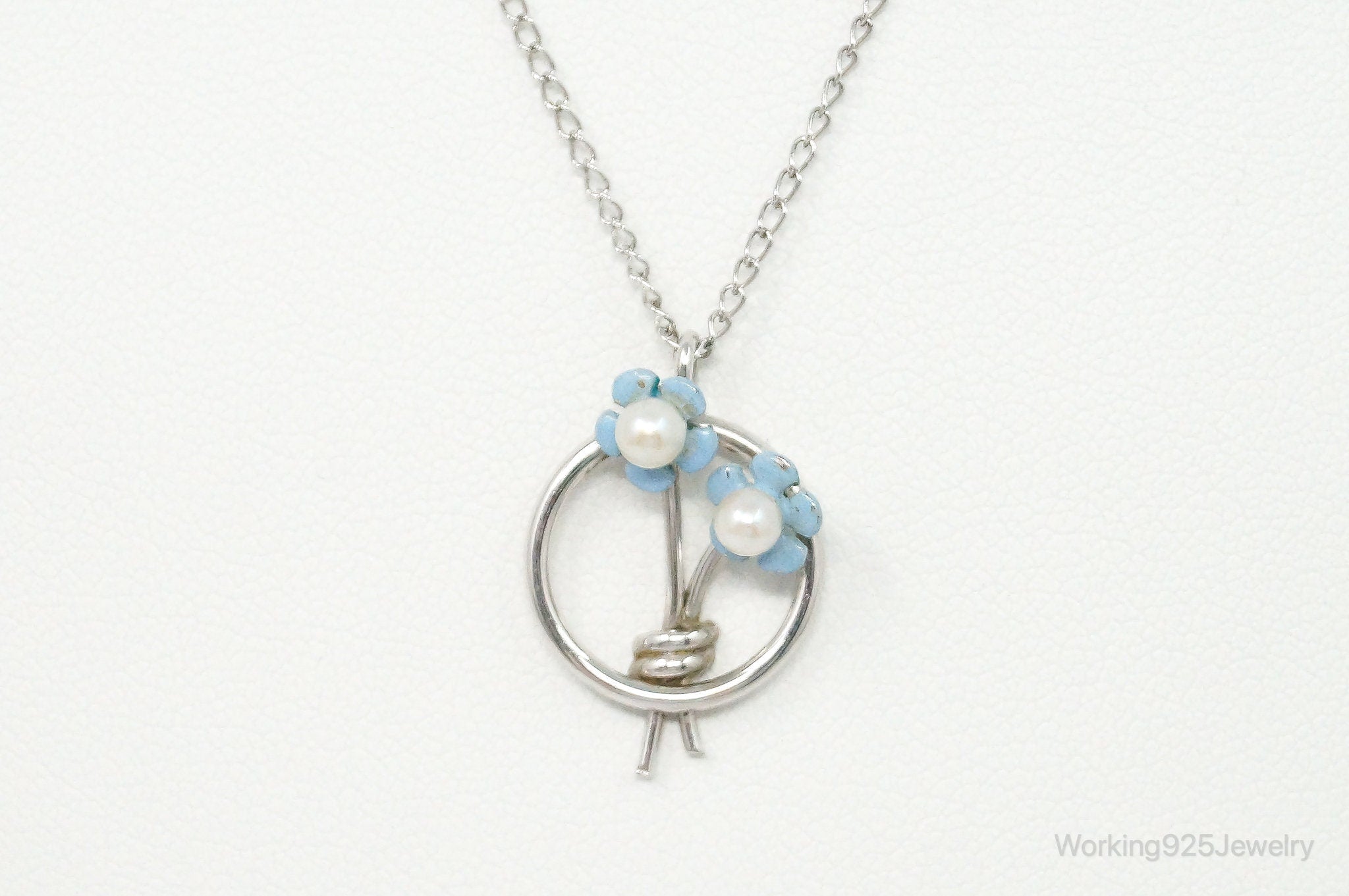 Vintage Pearl Enamel Blue Flowers Sterling Silver Necklace