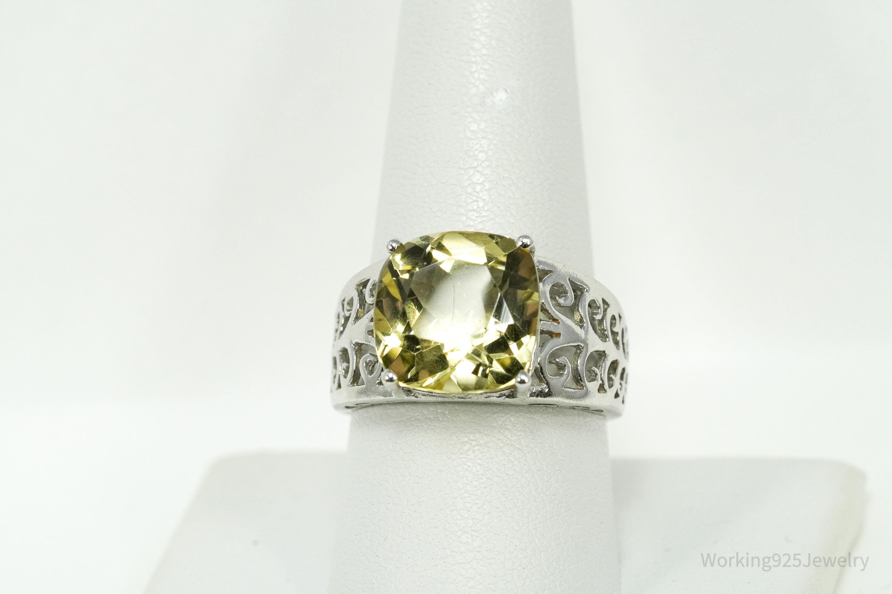 Vintage Large Lemon Citrine Sterling Silver Ring - Size 9