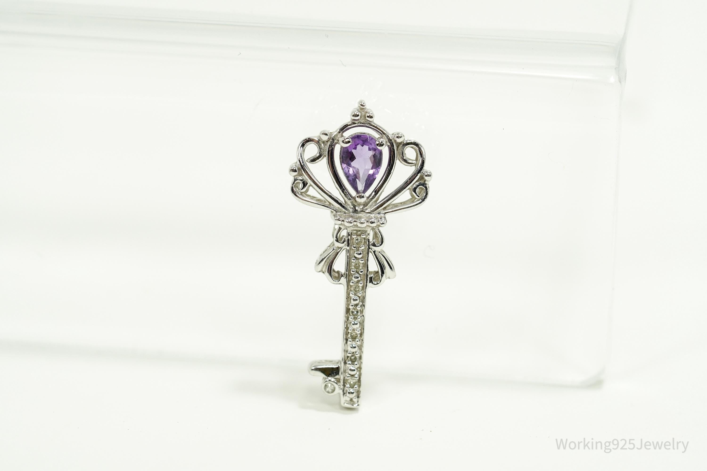 Vintage Large Designer Amethyst & Diamond Skelton Key Sterling Silver Necklace Pendant