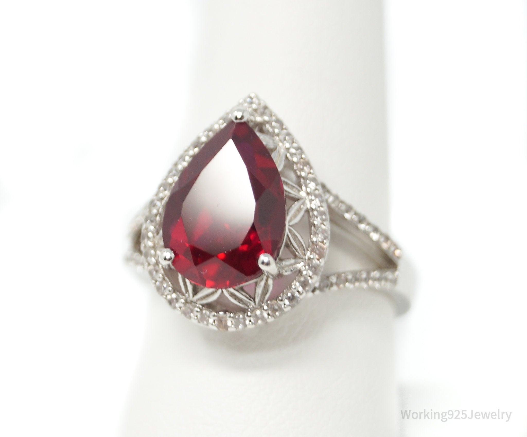 Vtg Designer DK Mid Century Style Lab Ruby CZ Ring Sterling Silver - Size 9