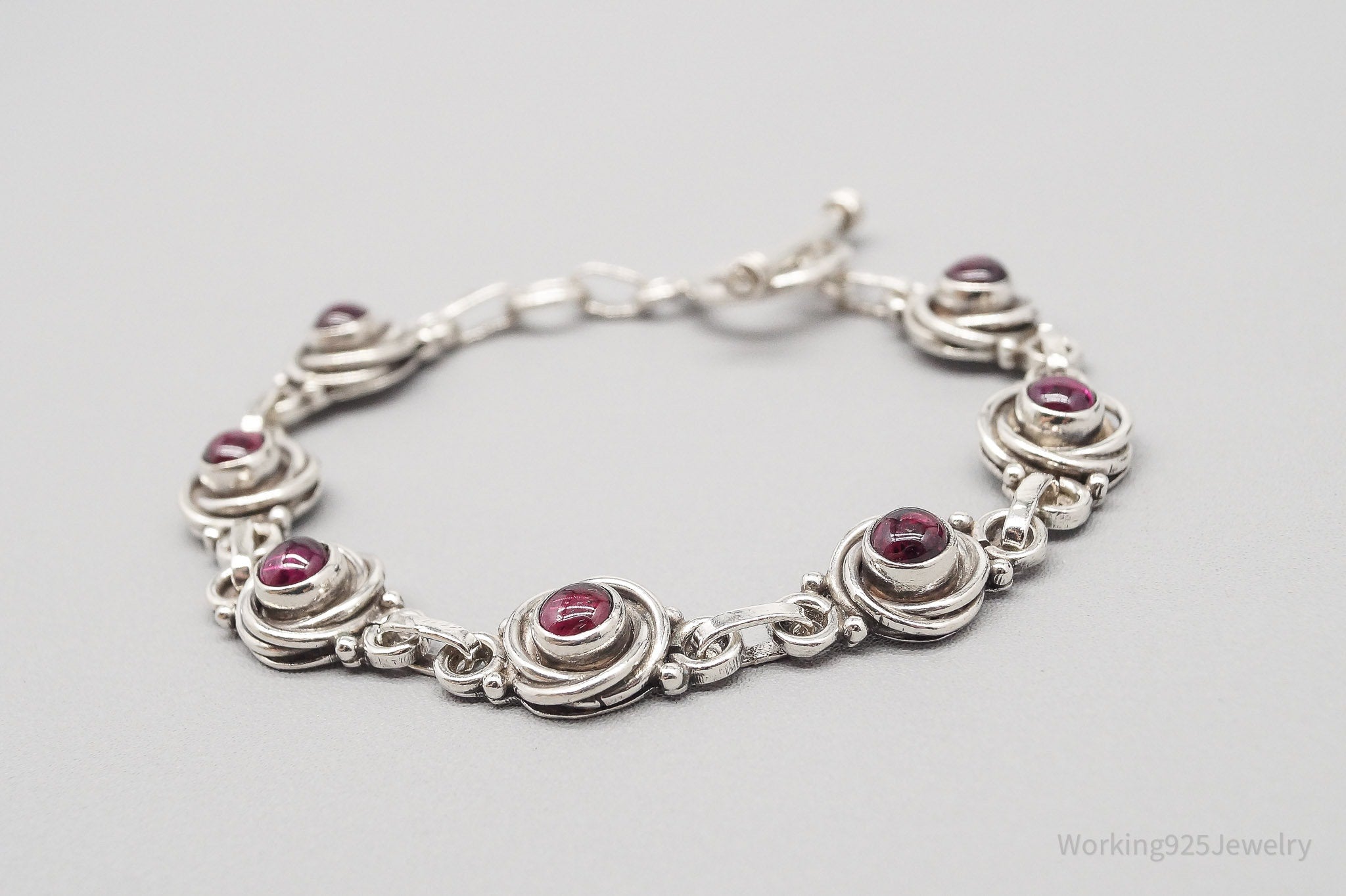 Vintage Rhodolite Garnet Sterling Silver Toggle Bracelet