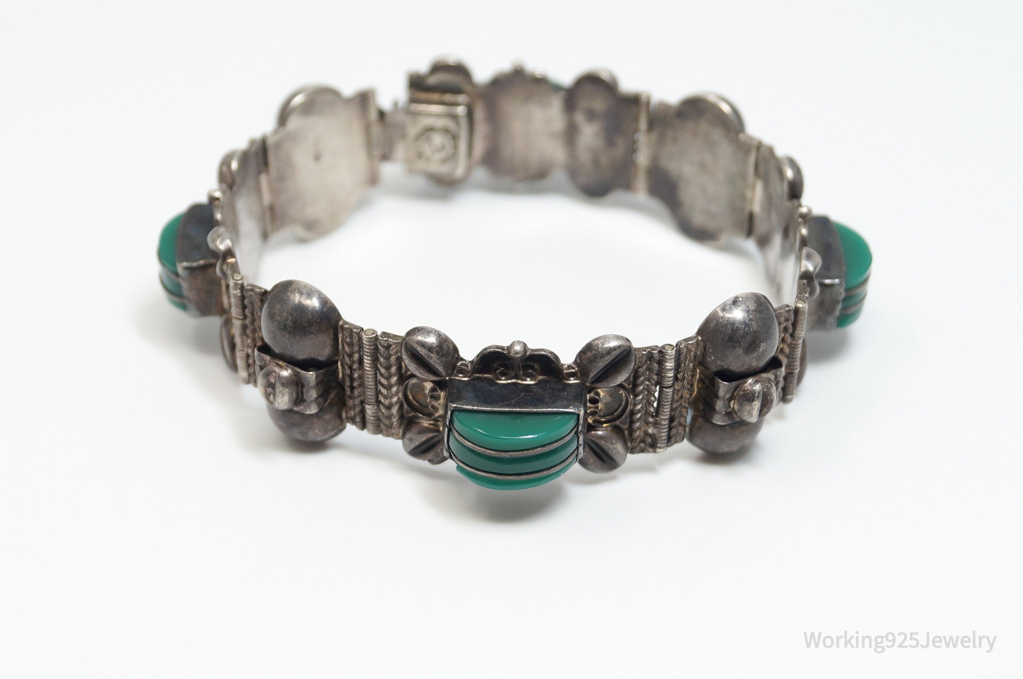 Vintage Mexico Designer GJ Jade Sterling Silver Ornate Panel Bracelet